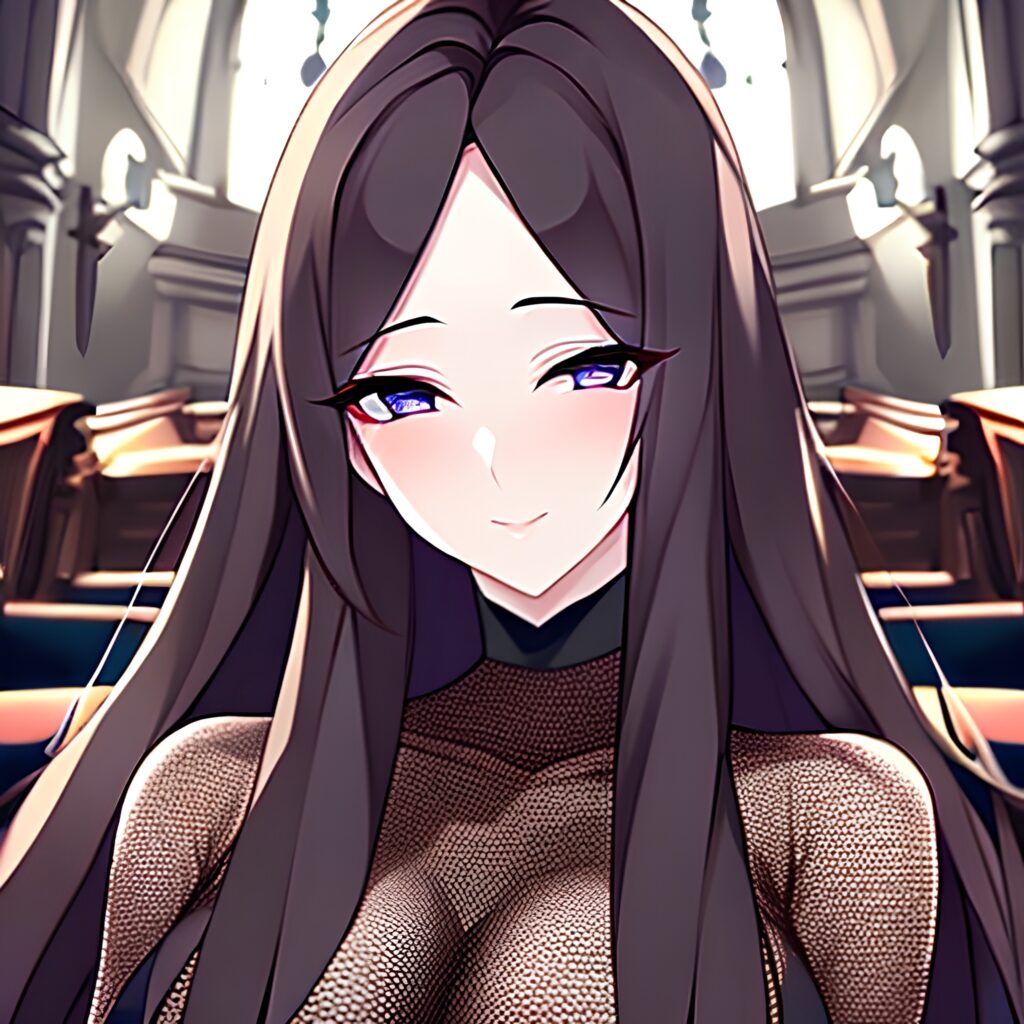 fishnet long hair messy hair brunette woman church 