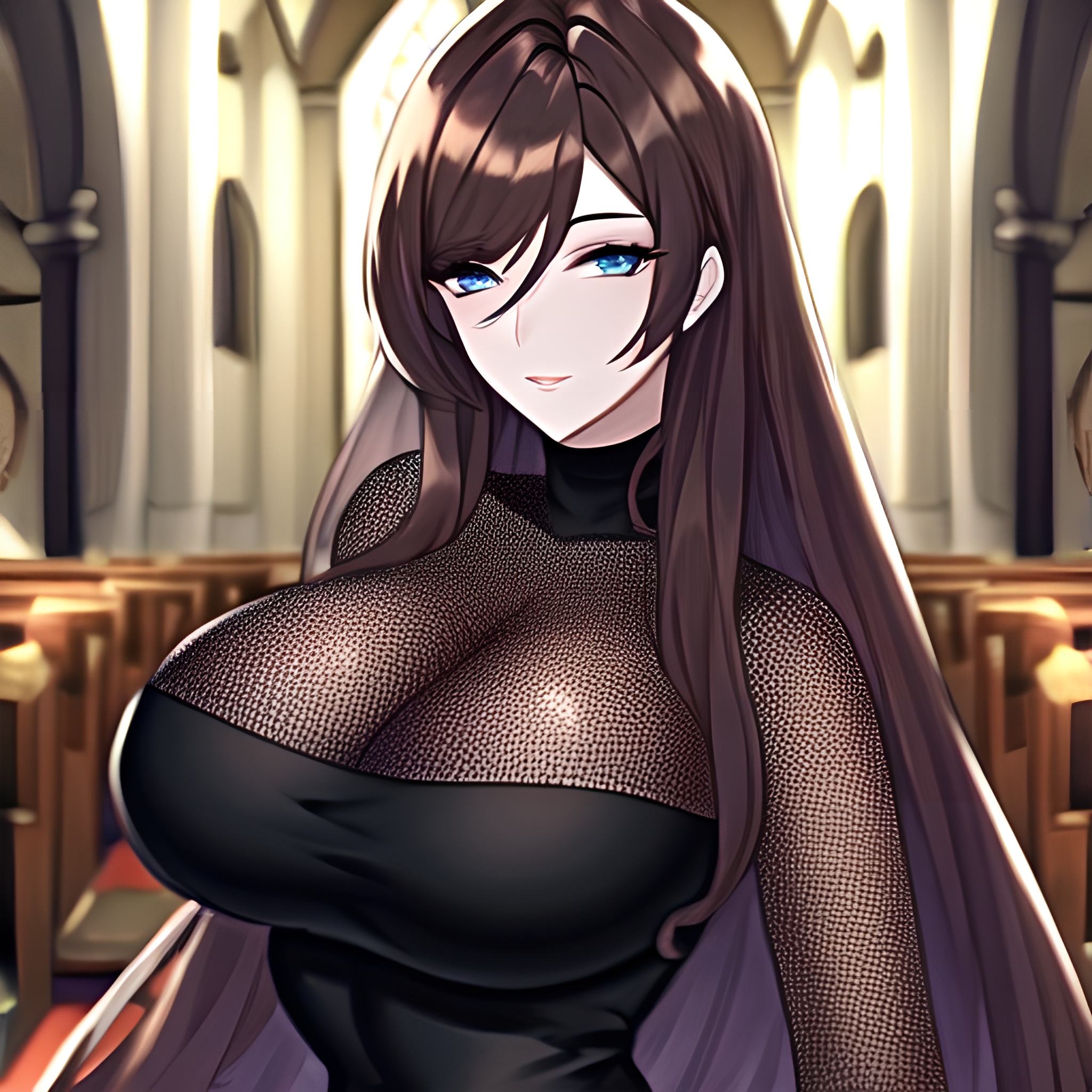 fishnet long hair messy hair church brunette woman 