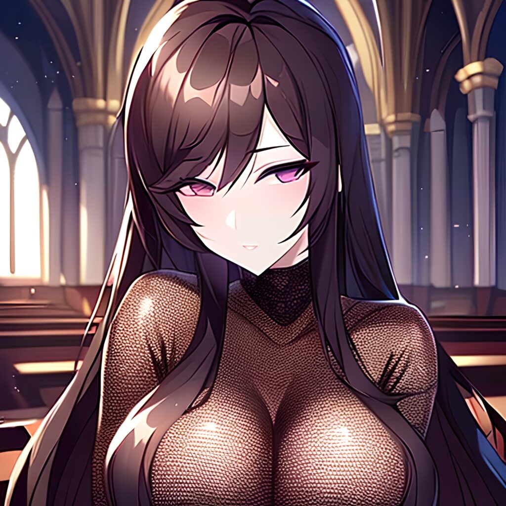 fishnet long hair messy hair church woman brunette 