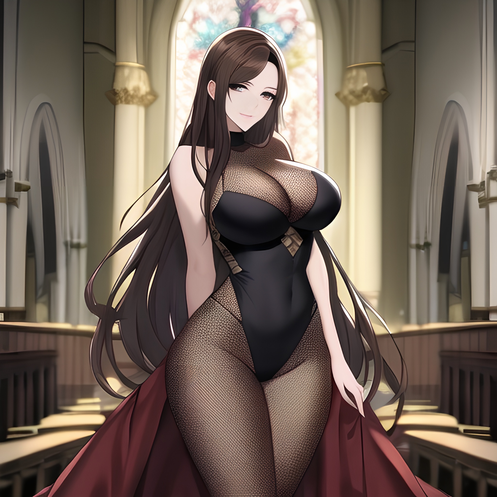 fishnet long hair messy hair church woman brunette 