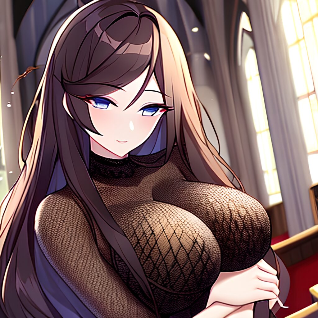 fishnet long hair messy hair church woman brunette 