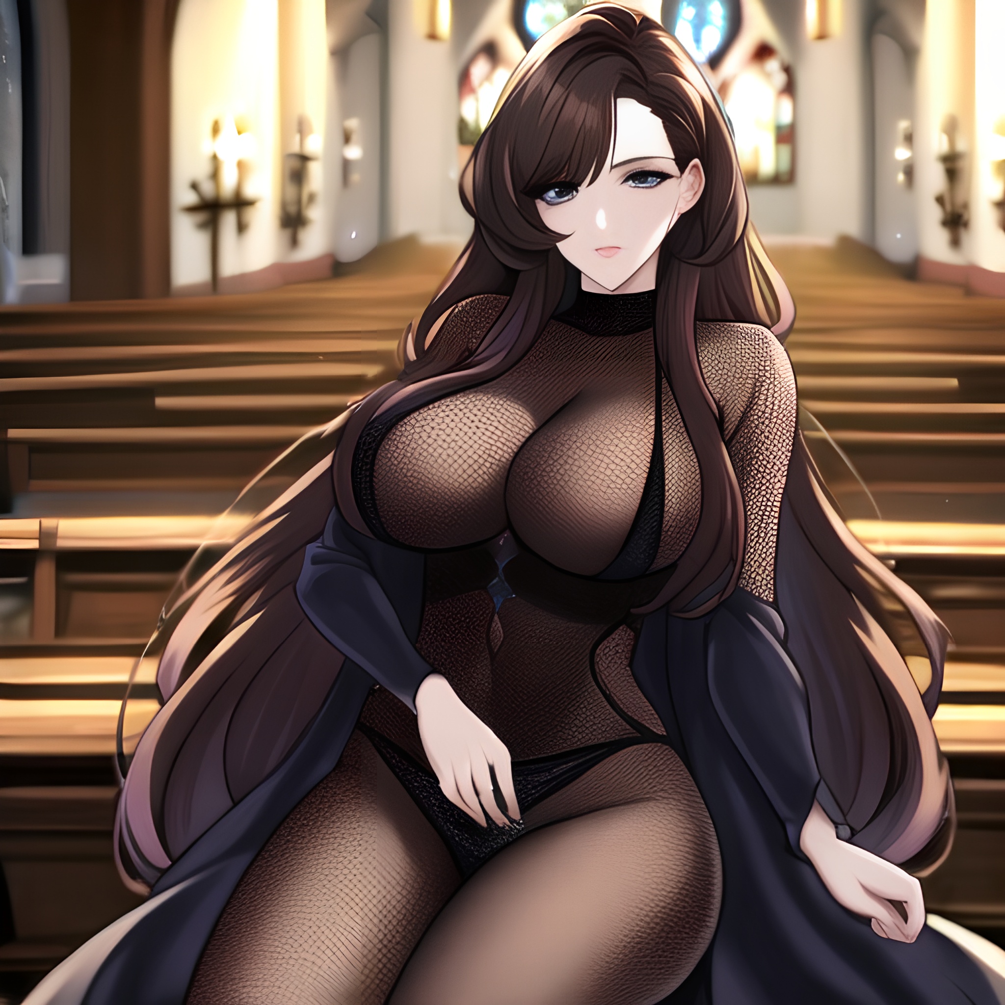 fishnet long hair messy hair church woman brunette 