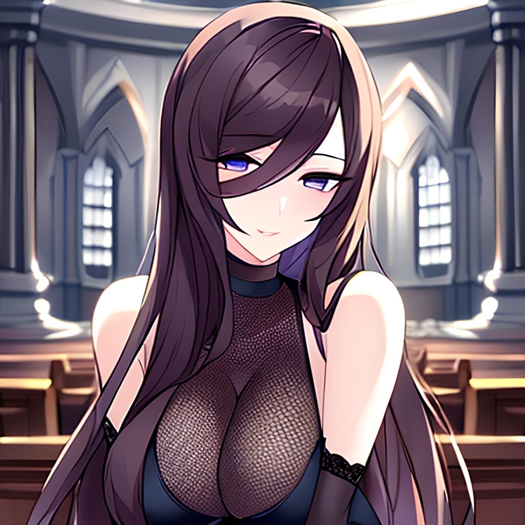 fishnet long hair messy hair church woman brunette 