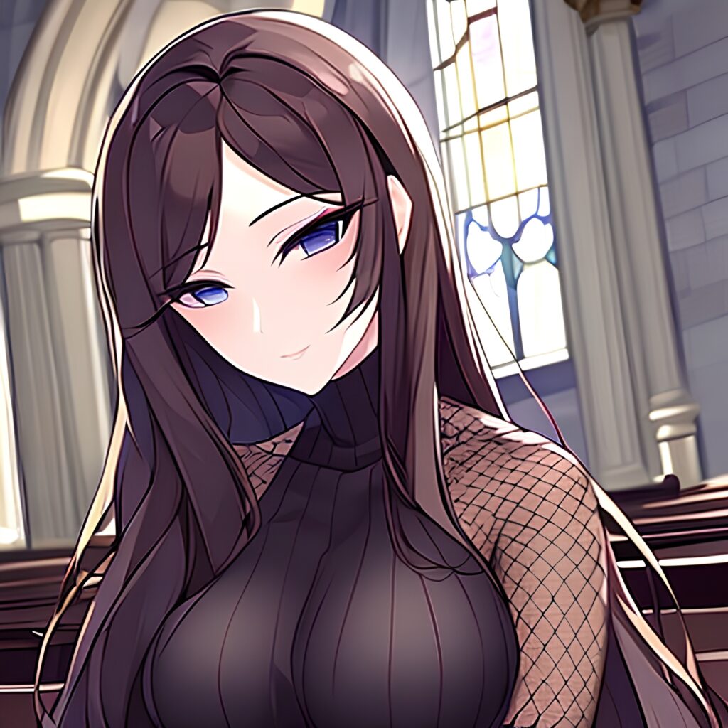 fishnet long hair messy hair church woman brunette 