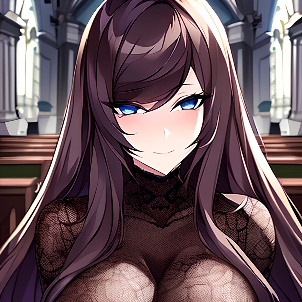 fishnet long hair messy hair church woman brunette 