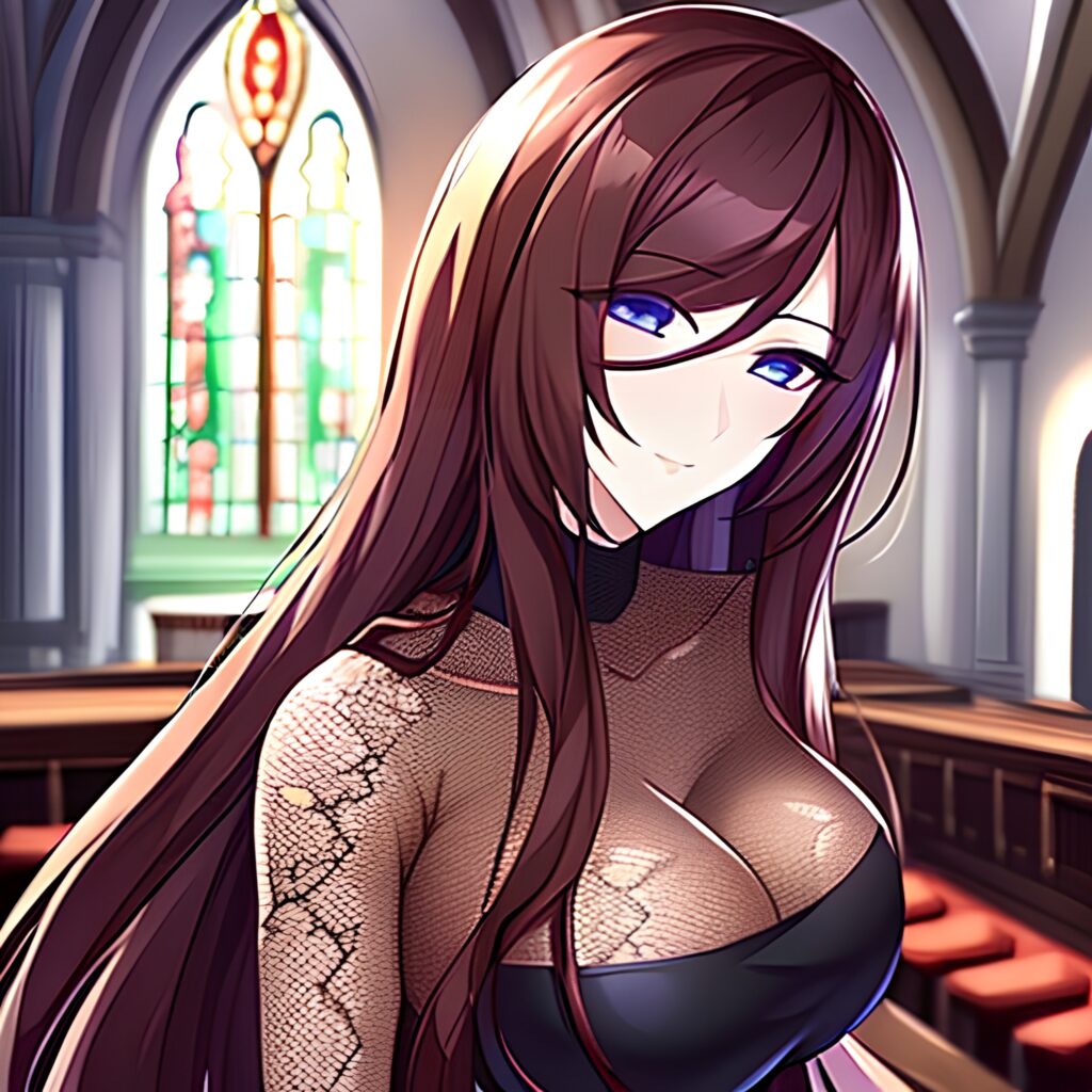 fishnet long hair messy hair woman brunette church 