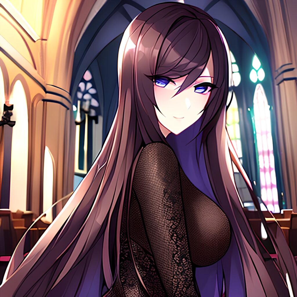 fishnet long hair messy hair woman brunette church 