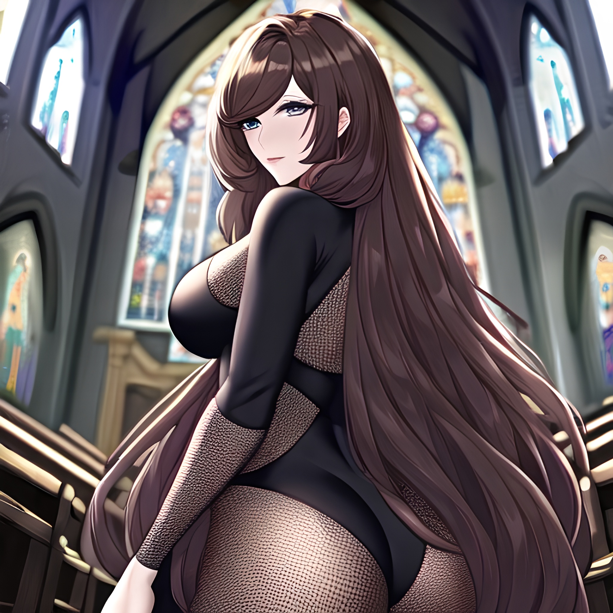 fishnet long hair messy hair woman church brunette 