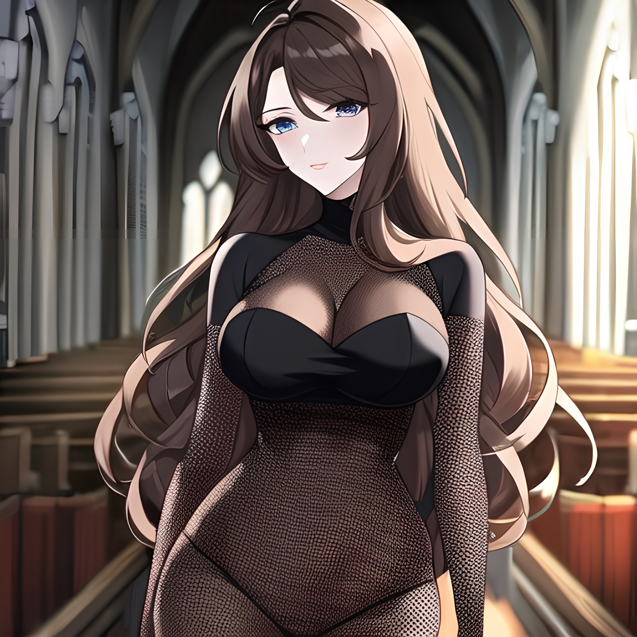 fishnet long hair messy hair woman church brunette 