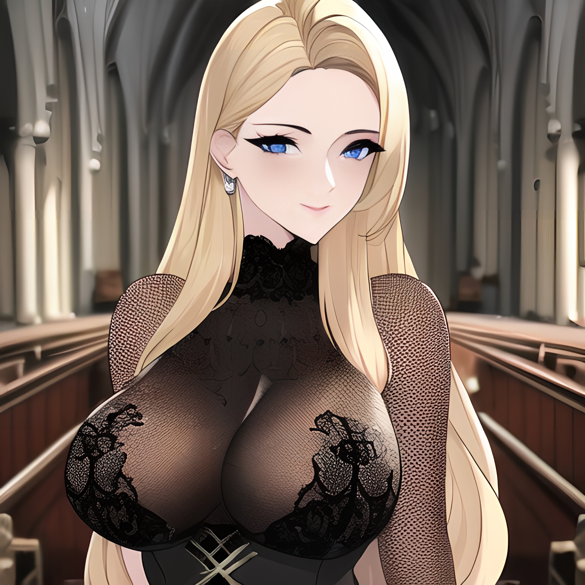 fishnet long hair nude church front view blonde small boobs woman 