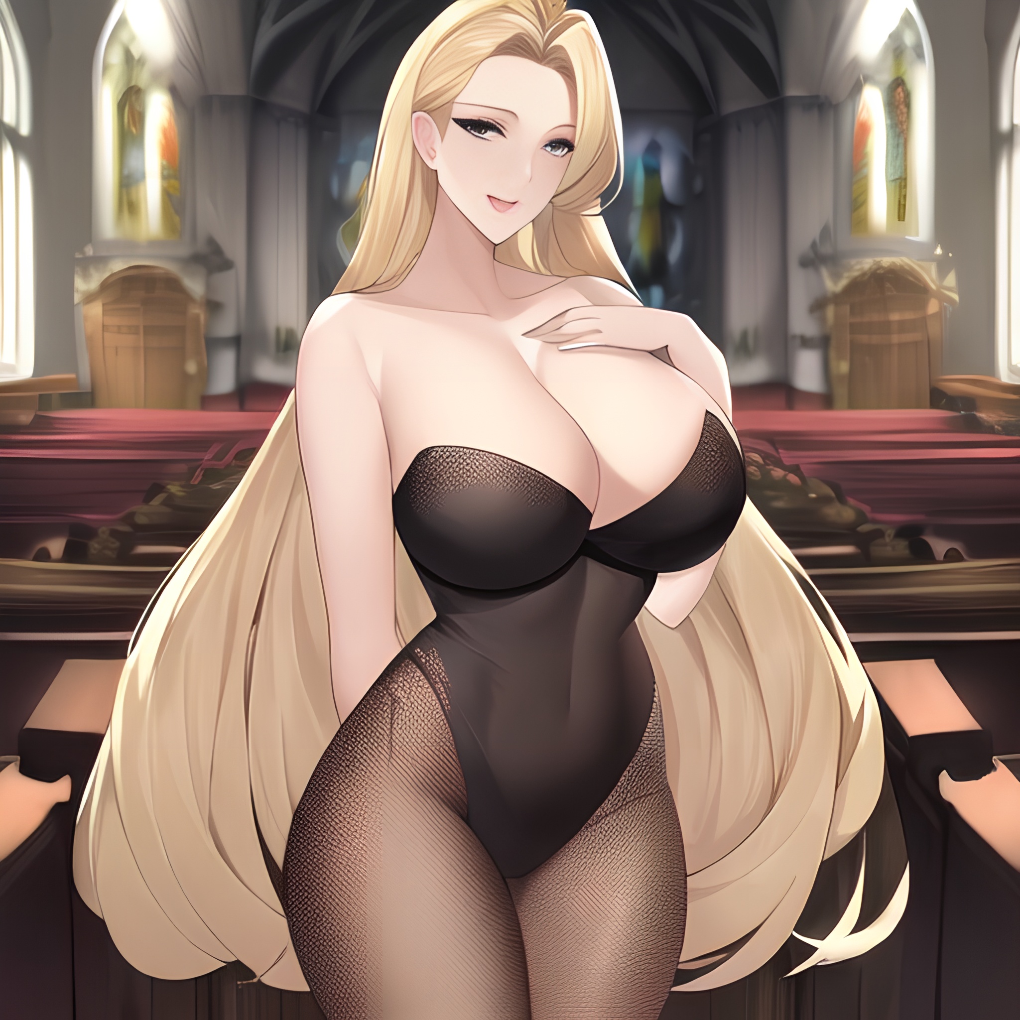 fishnet long hair nude church woman front view blonde small boobs 
