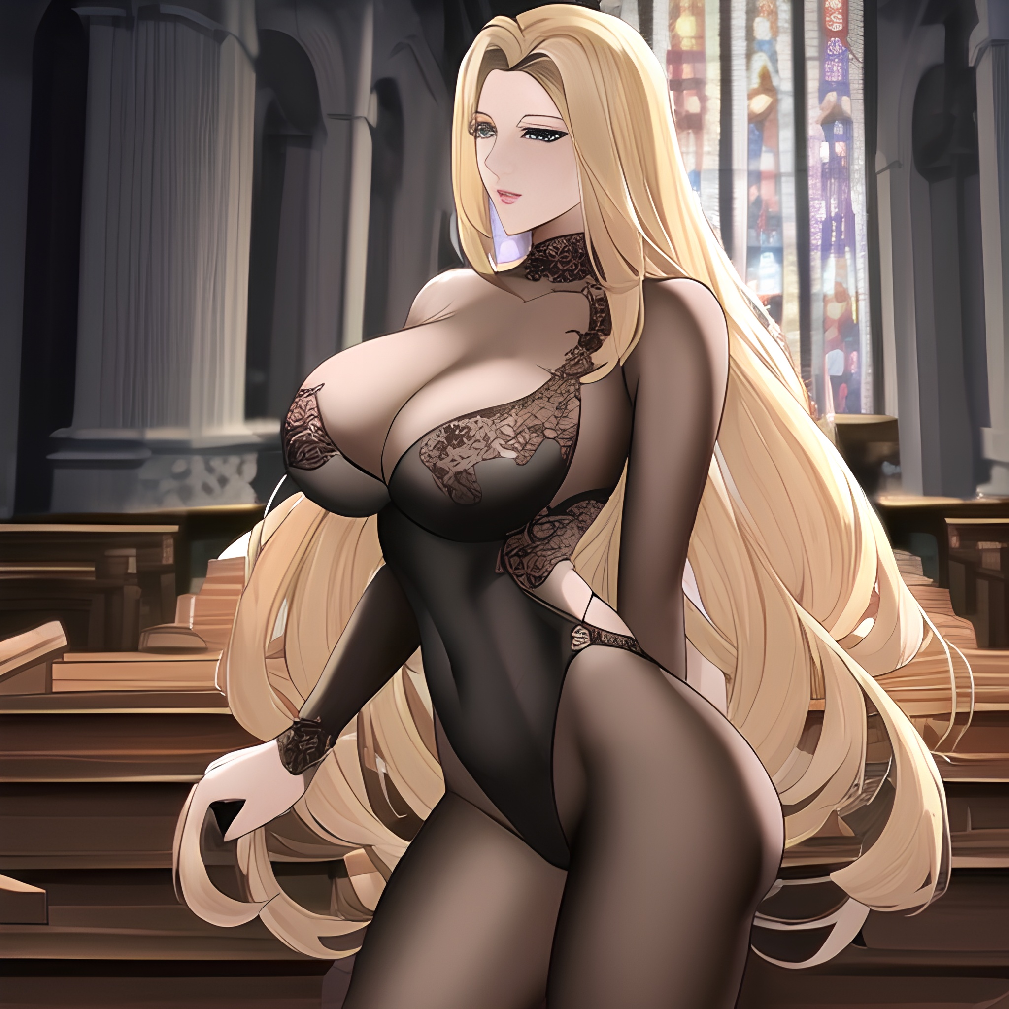 fishnet long hair small boobs nude blonde church woman front view 