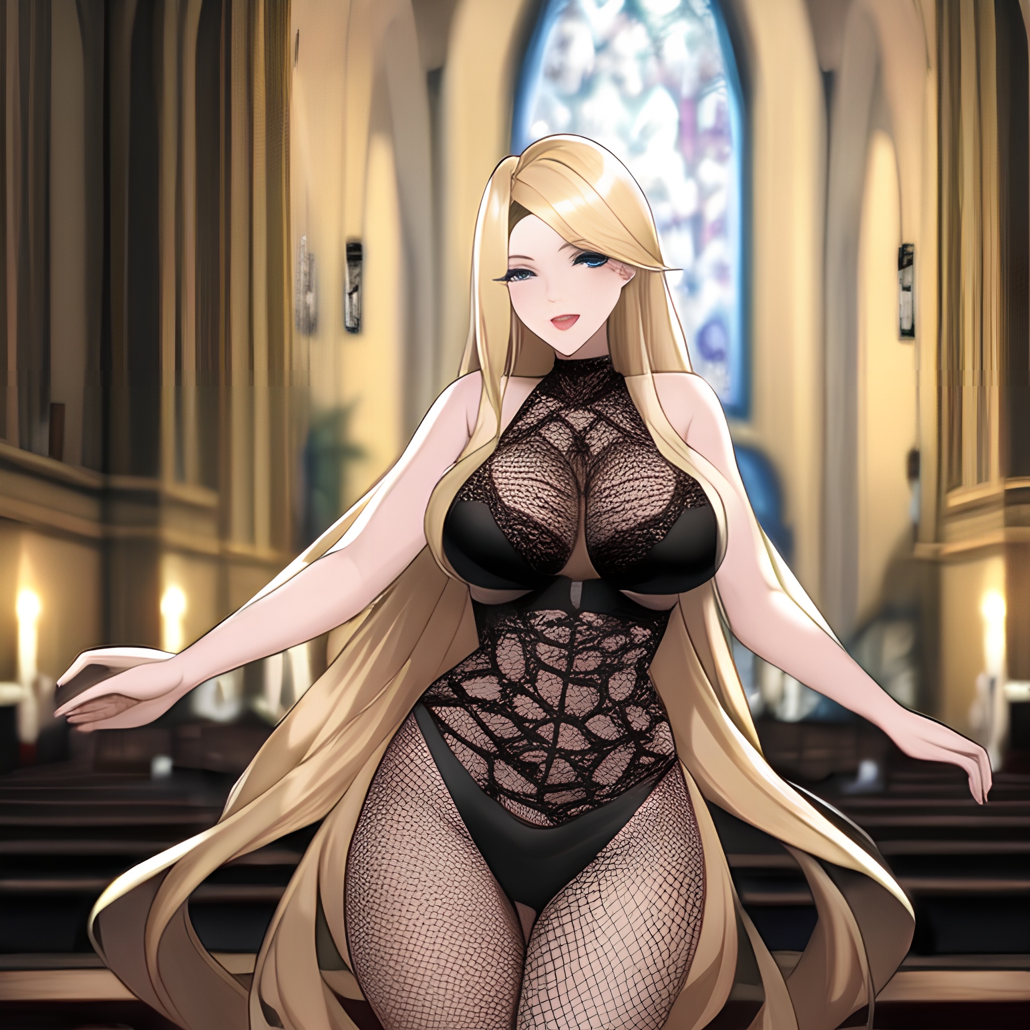 fishnet long hair woman blonde church 