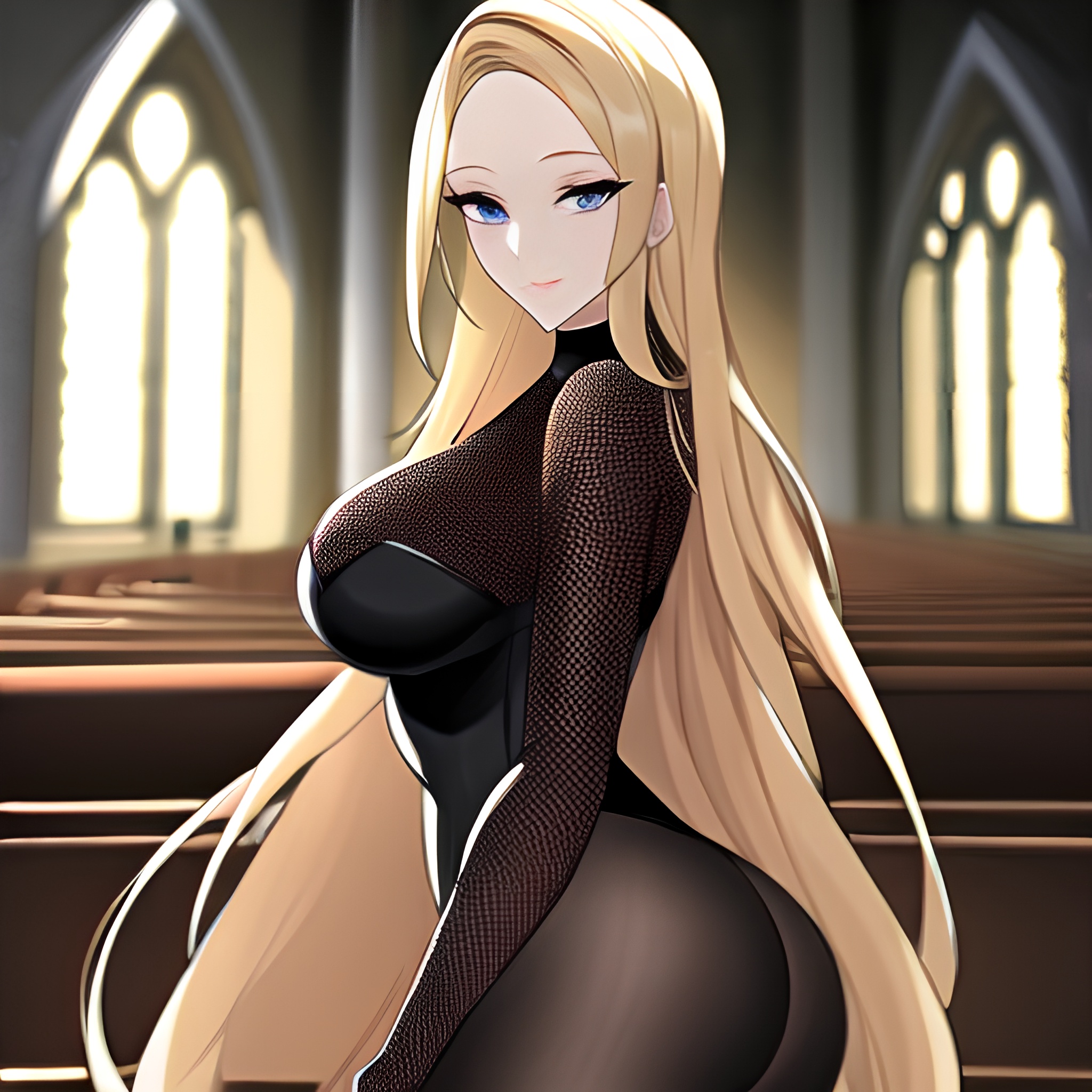 fishnet long hair woman blonde church
