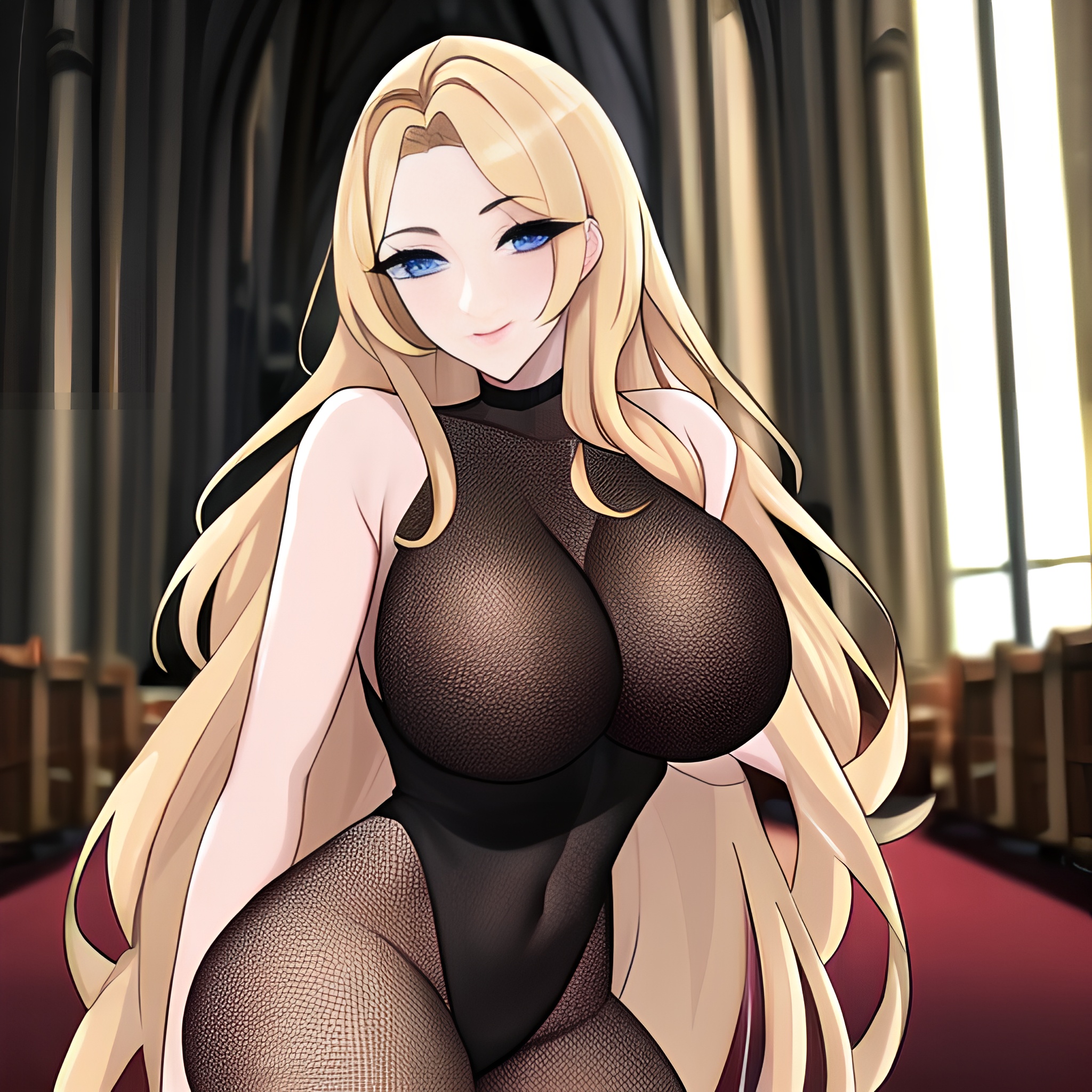 fishnet long hair woman blonde church 