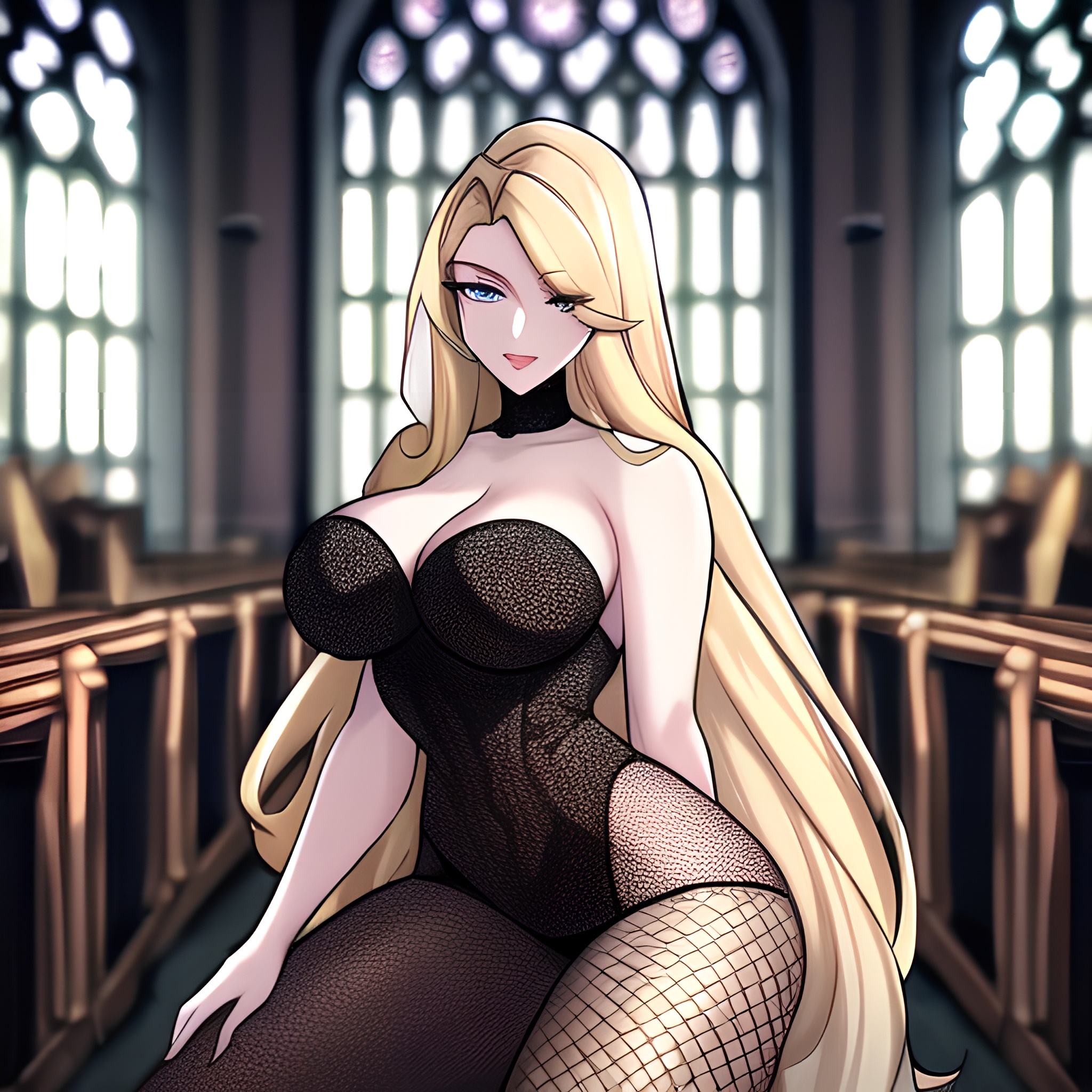 fishnet long hair woman blonde church