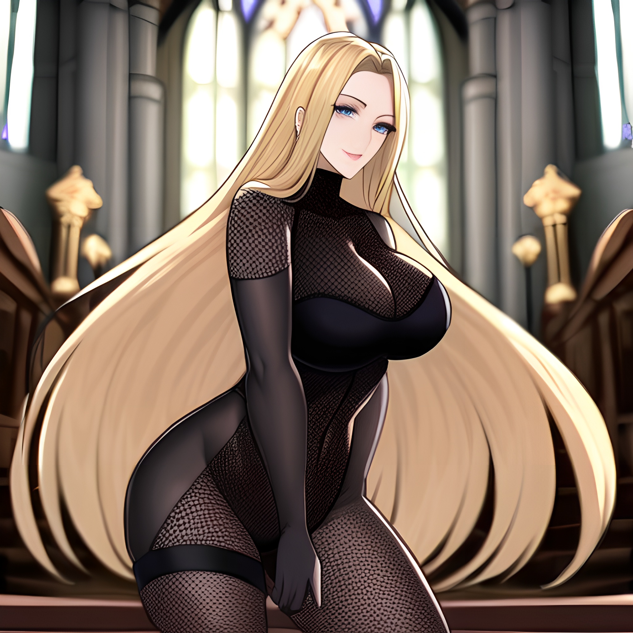 fishnet long hair woman blonde church 