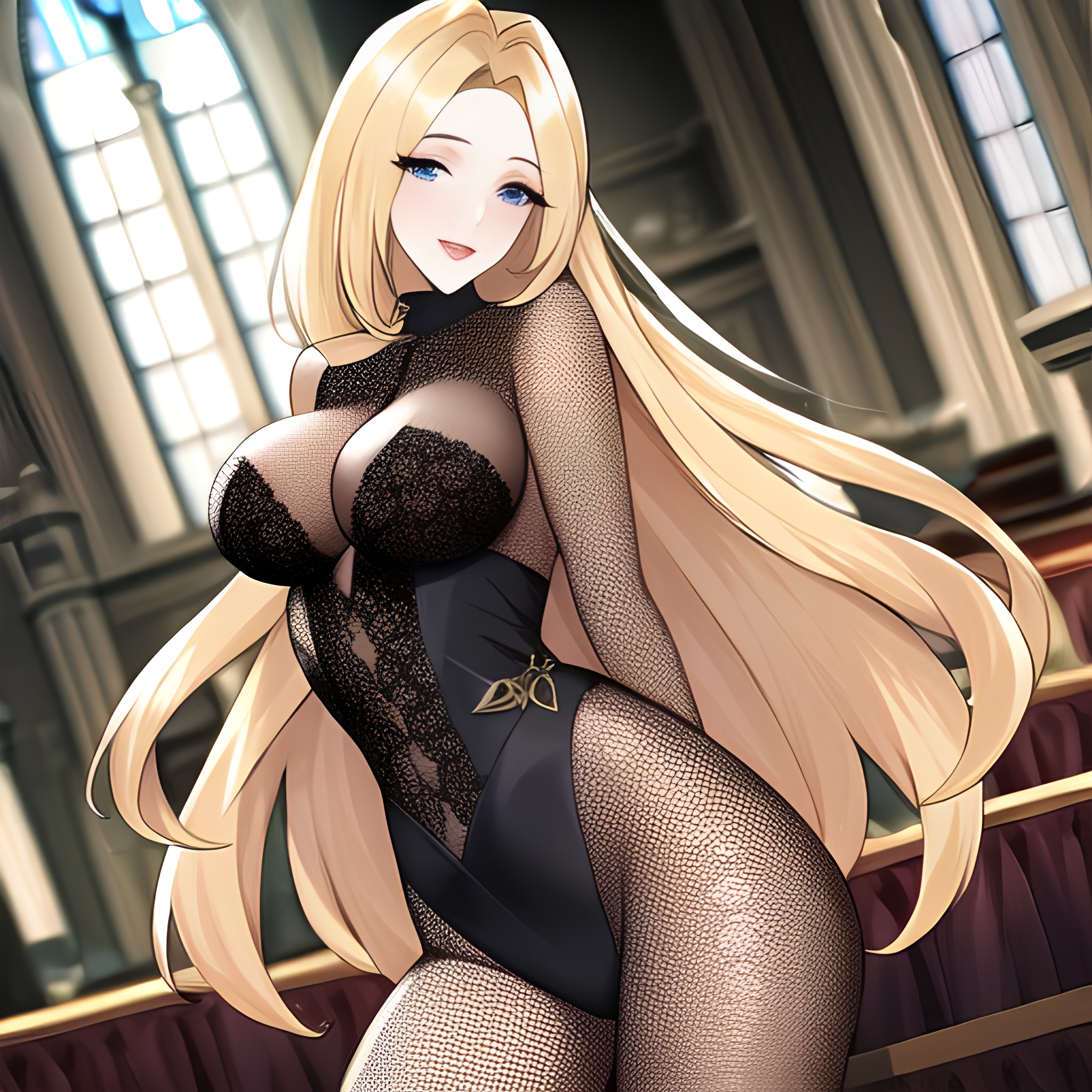 fishnet long hair woman blonde church 
