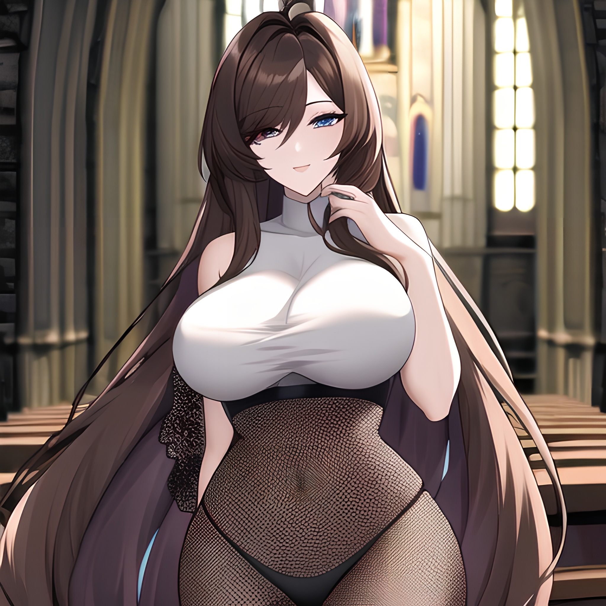 fishnet long hair woman brunette church messy hair 