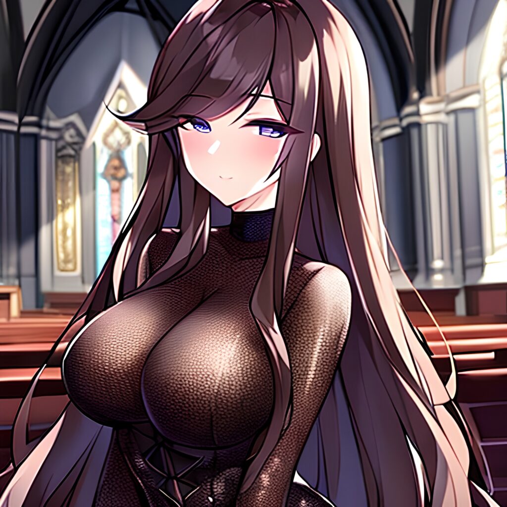 fishnet long hair woman brunette messy hair church 