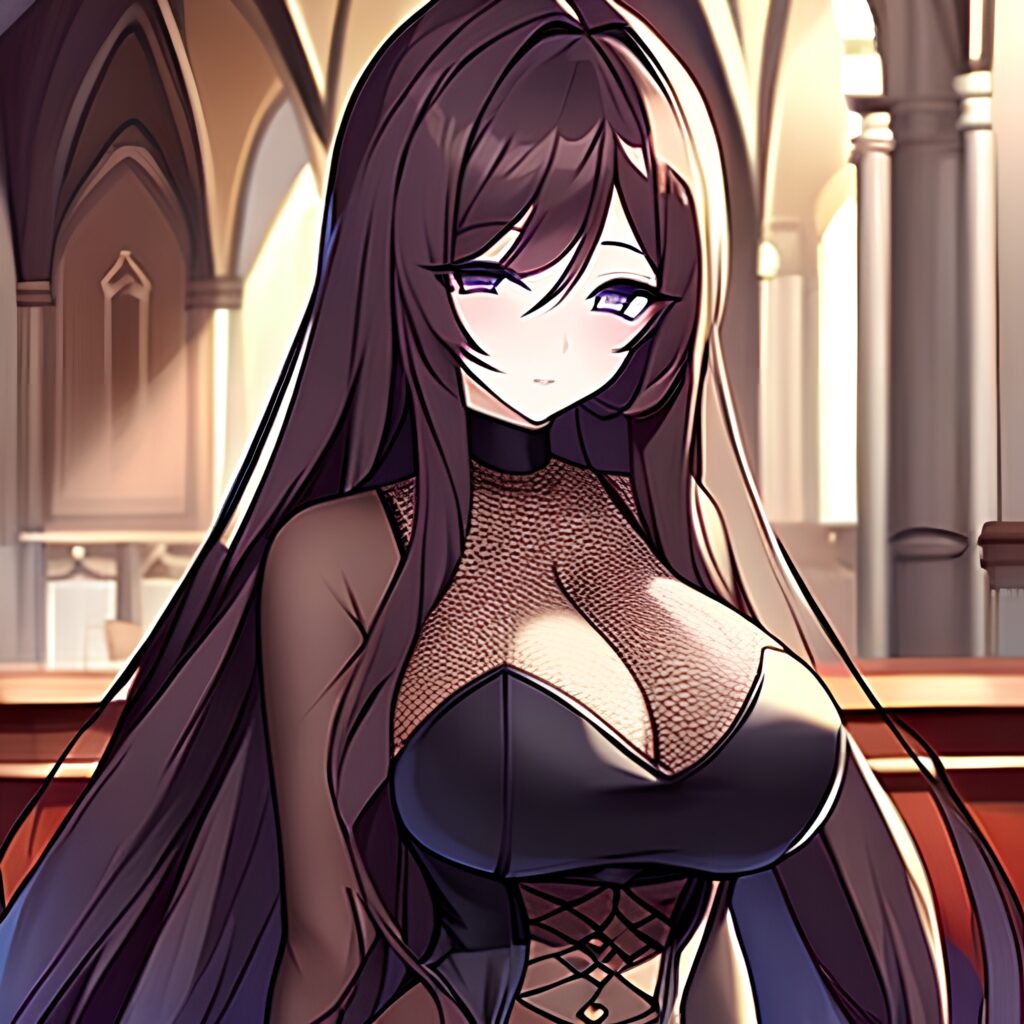 fishnet long hair woman brunette messy hair church 