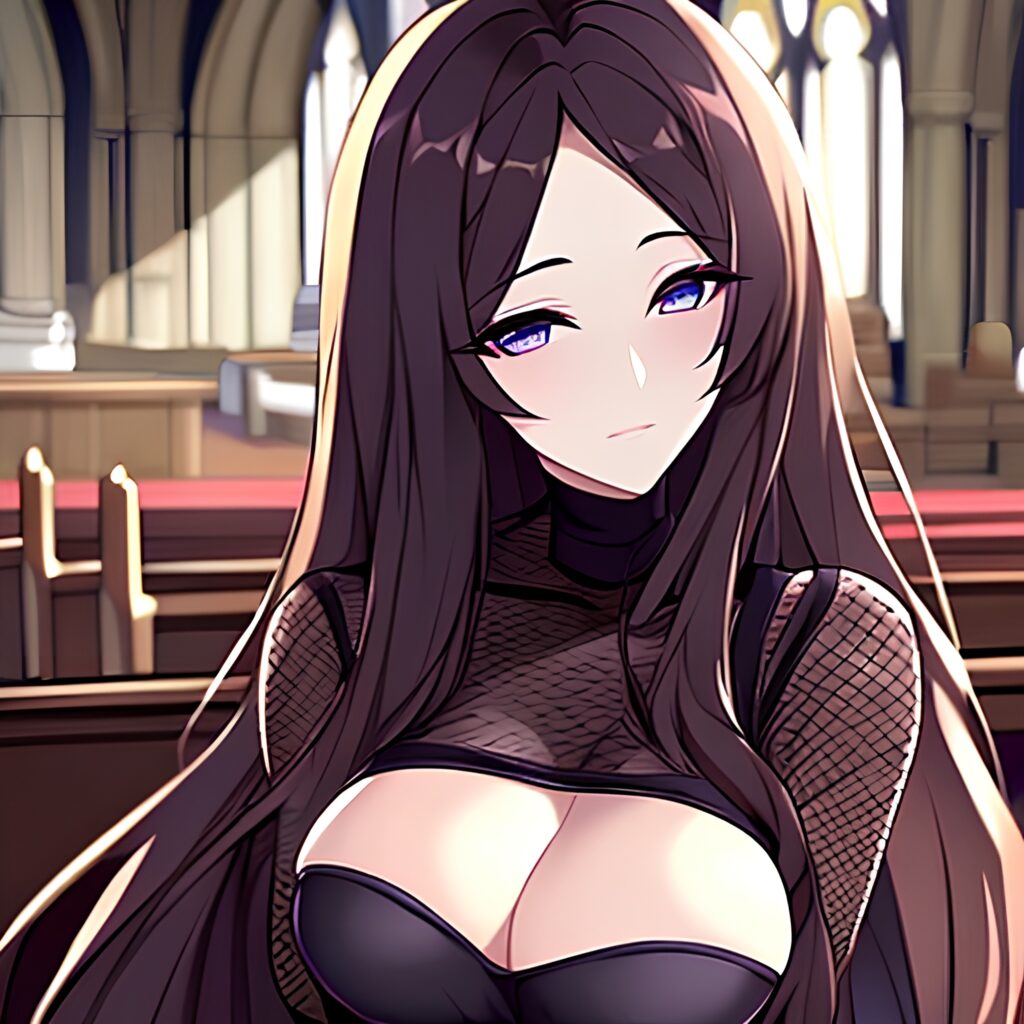 fishnet long hair woman brunette messy hair church 