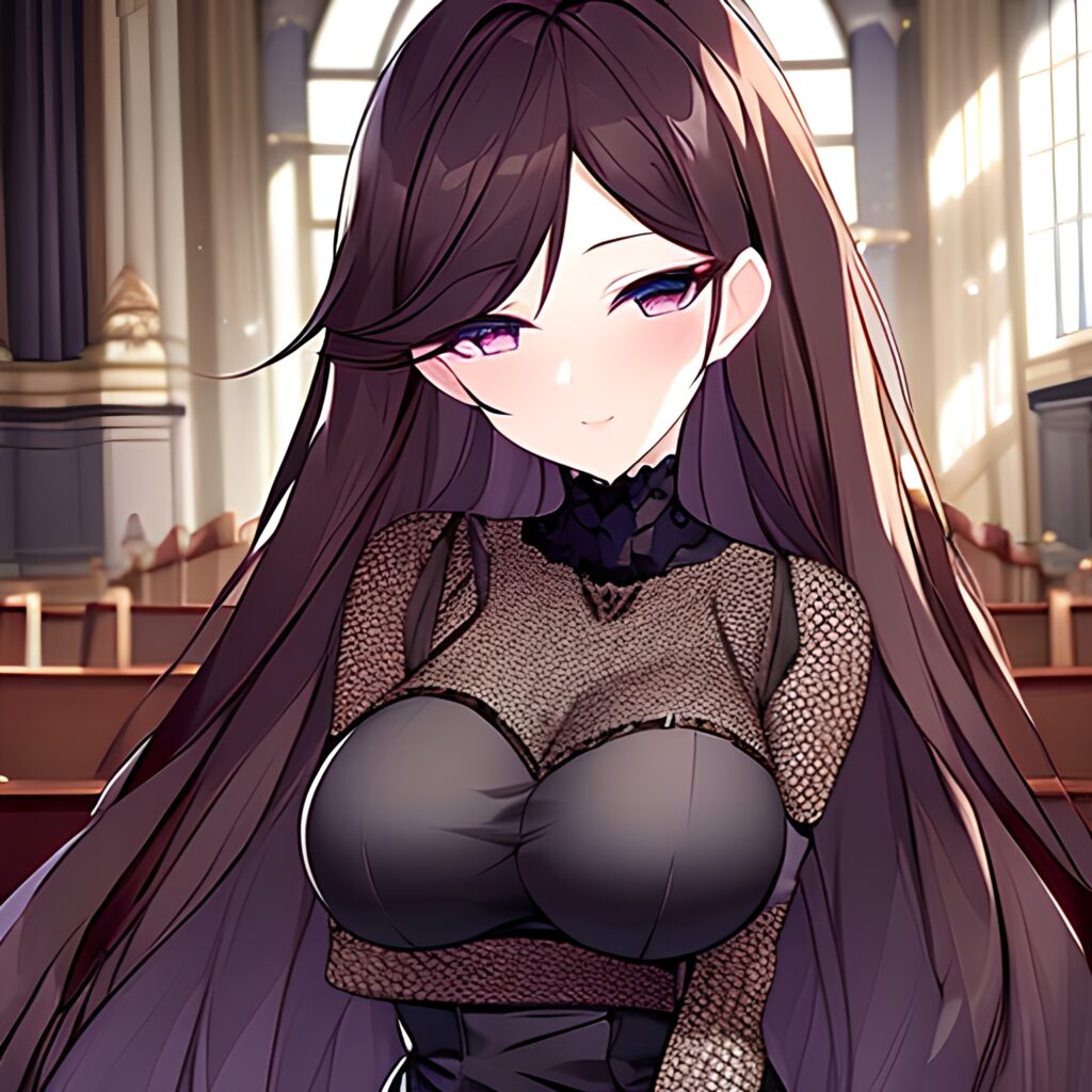 fishnet long hair woman brunette messy hair church 