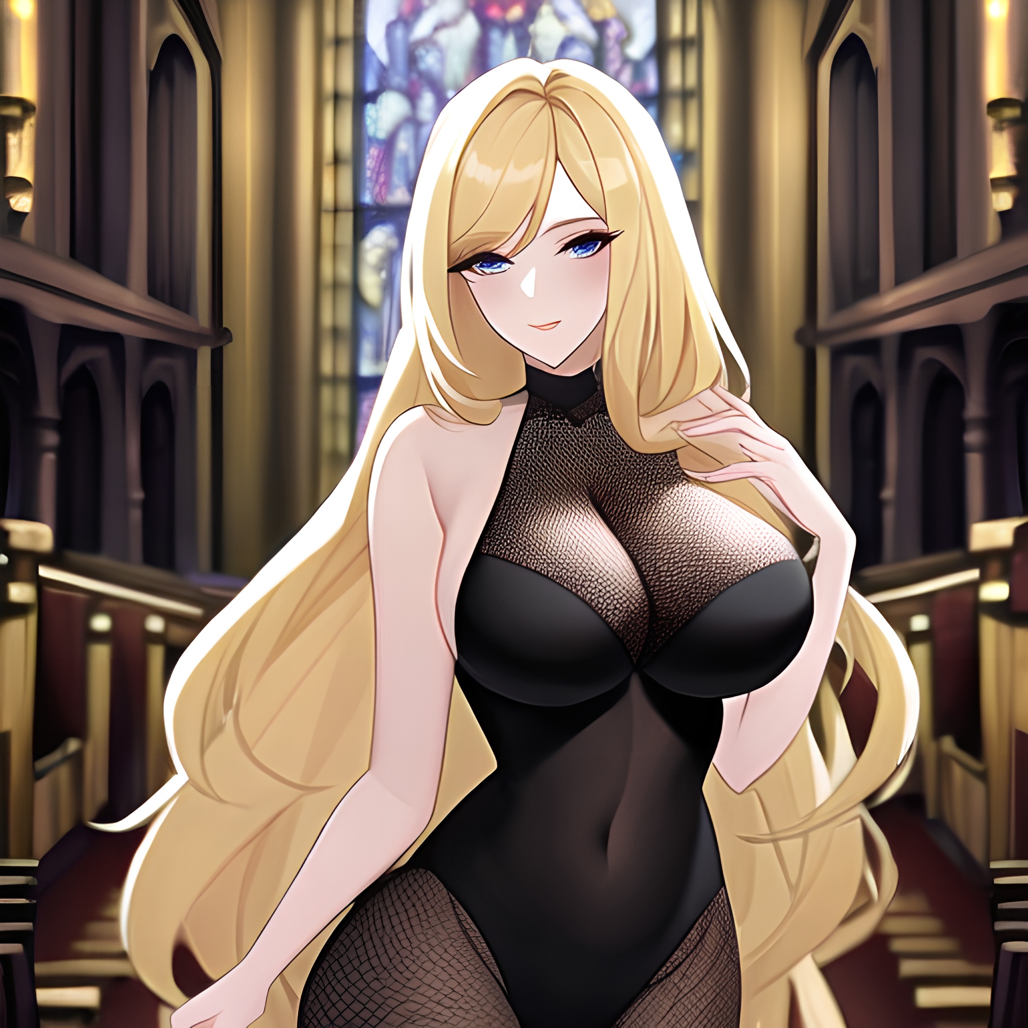 fishnet long hair woman church blonde 