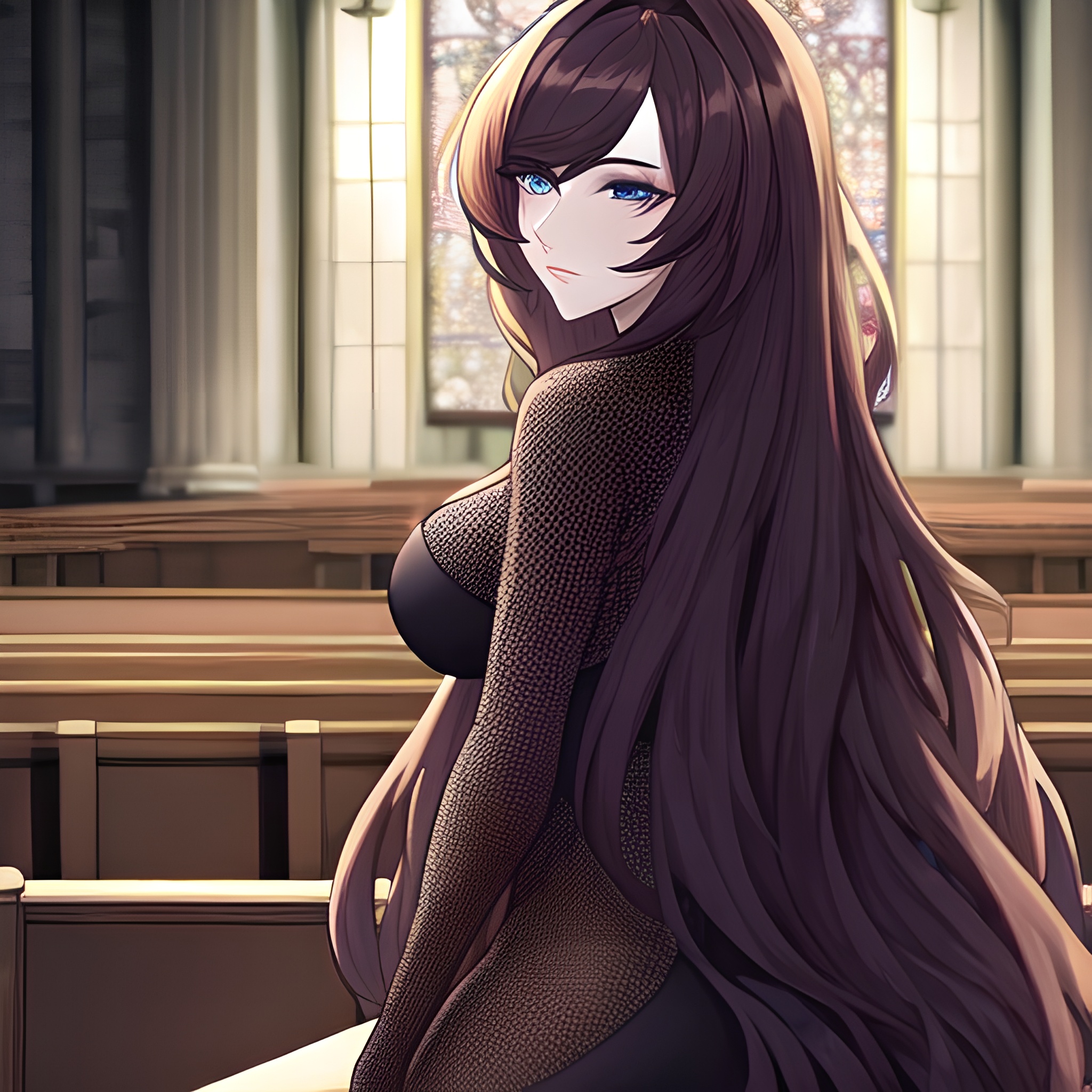 fishnet long hair woman messy hair brunette church 