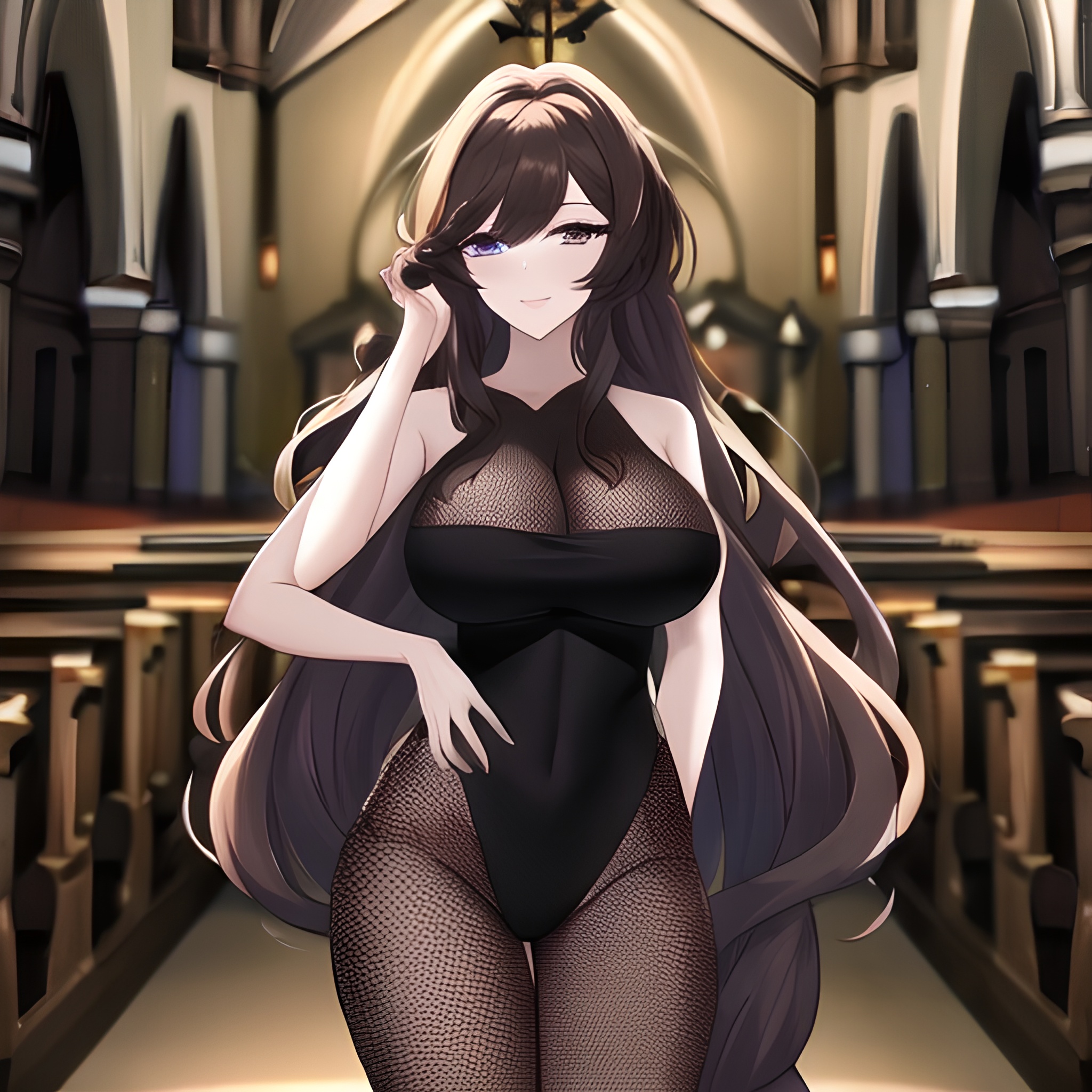 fishnet long hair woman messy hair church brunette 