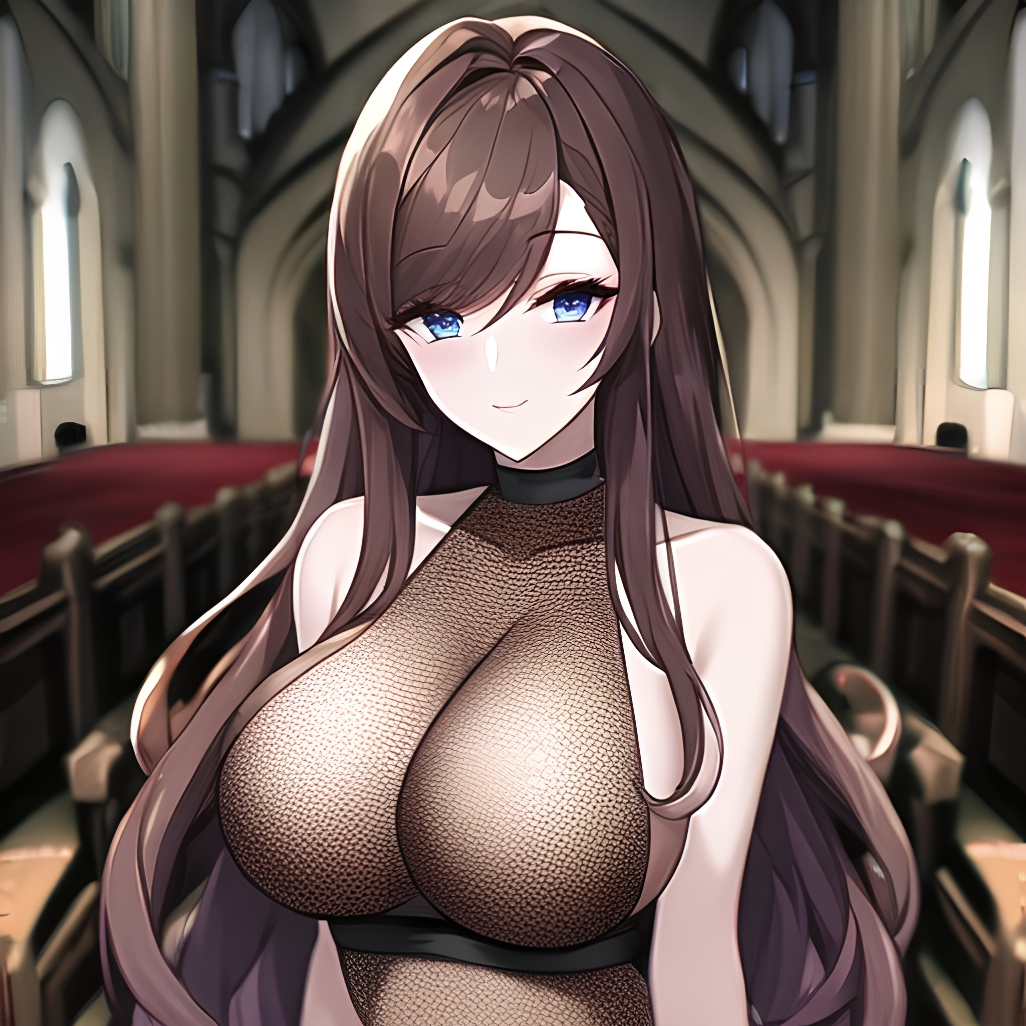 fishnet long hair woman messy hair church brunette 