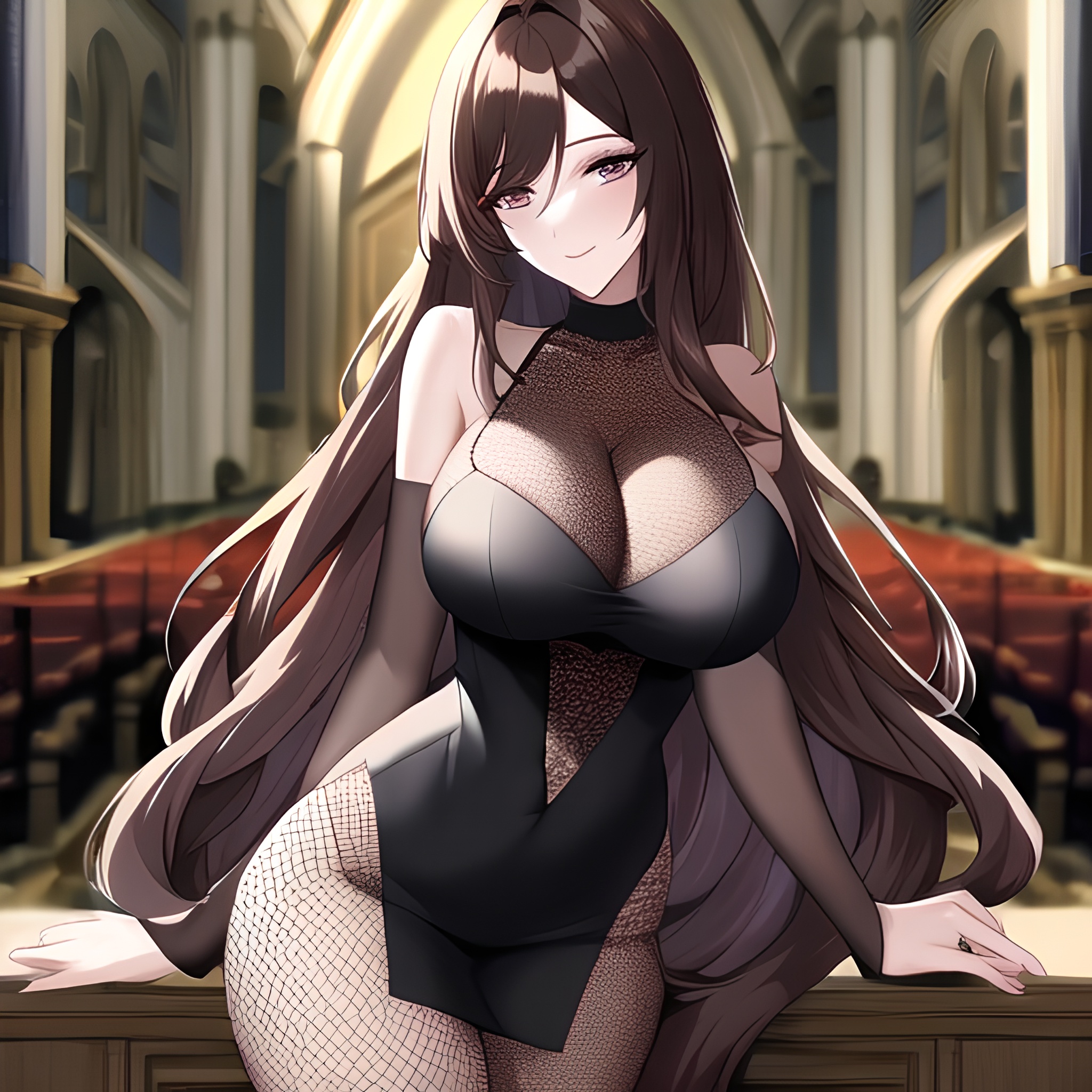 fishnet messy hair brunette church long hair woman 