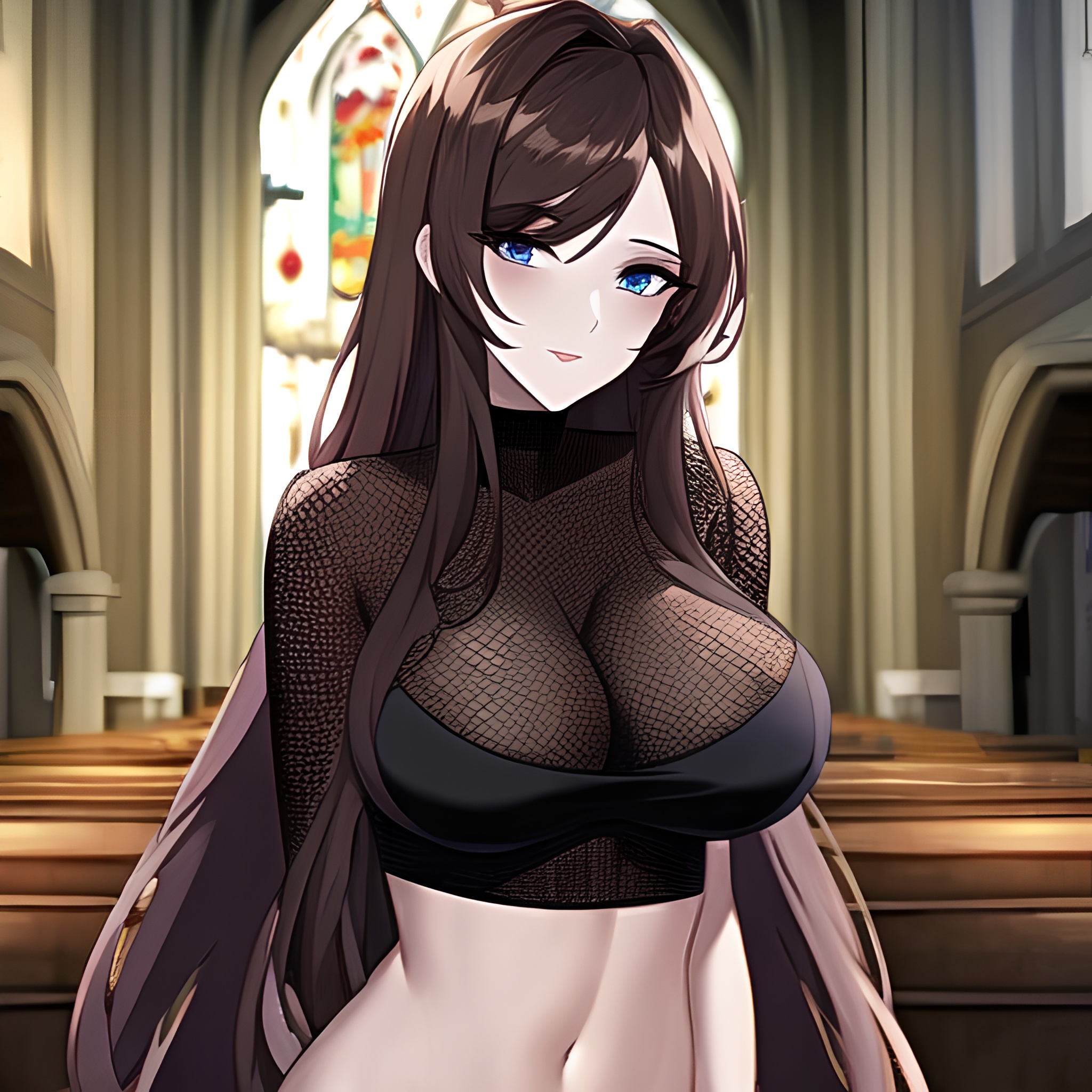 fishnet messy hair brunette church long hair woman 