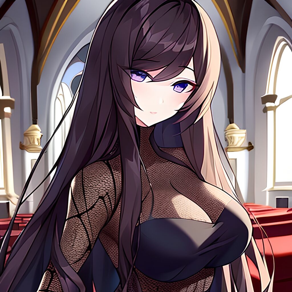 fishnet messy hair brunette church long hair woman 