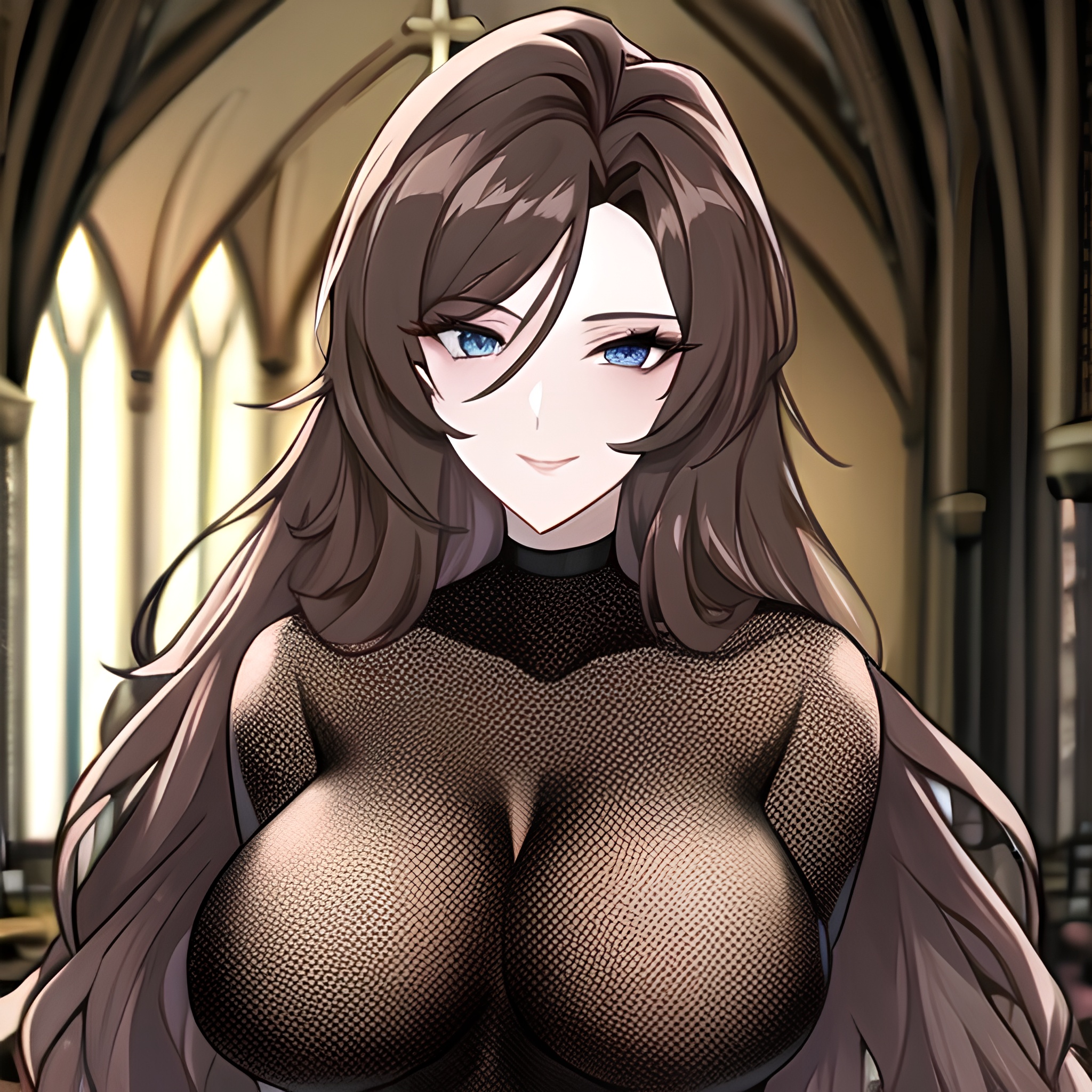 fishnet messy hair brunette church woman long hair 