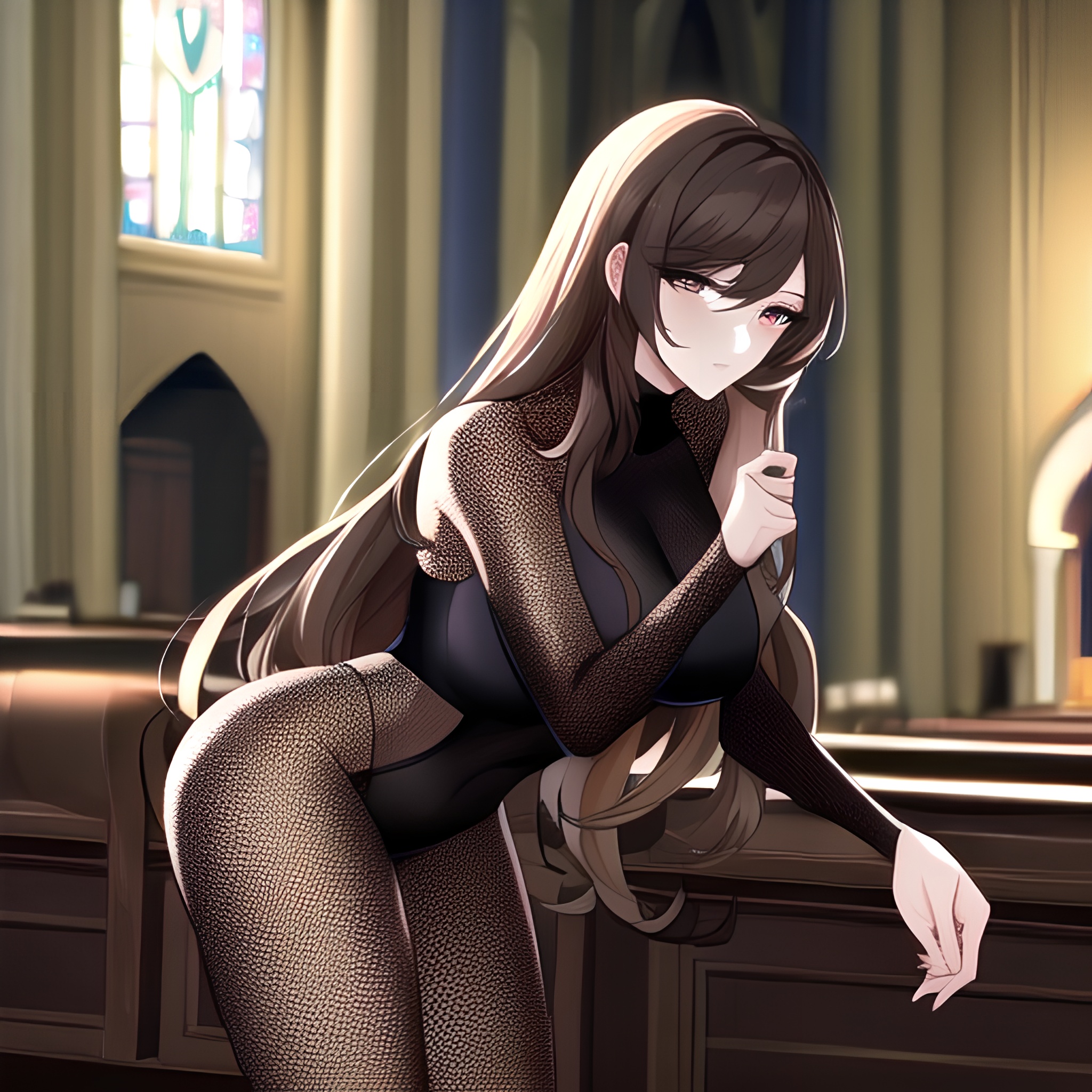 fishnet messy hair brunette long hair church woman 