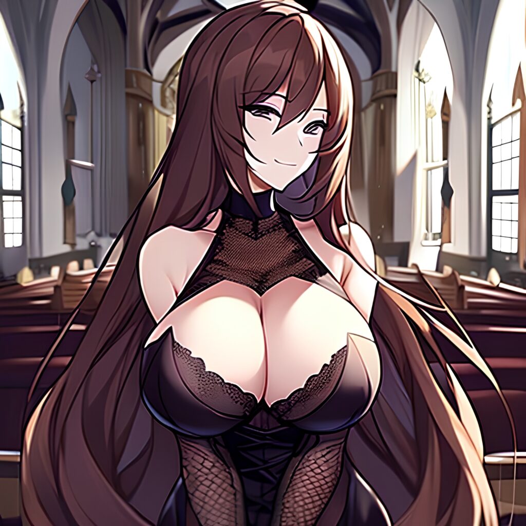 fishnet messy hair brunette long hair church woman 