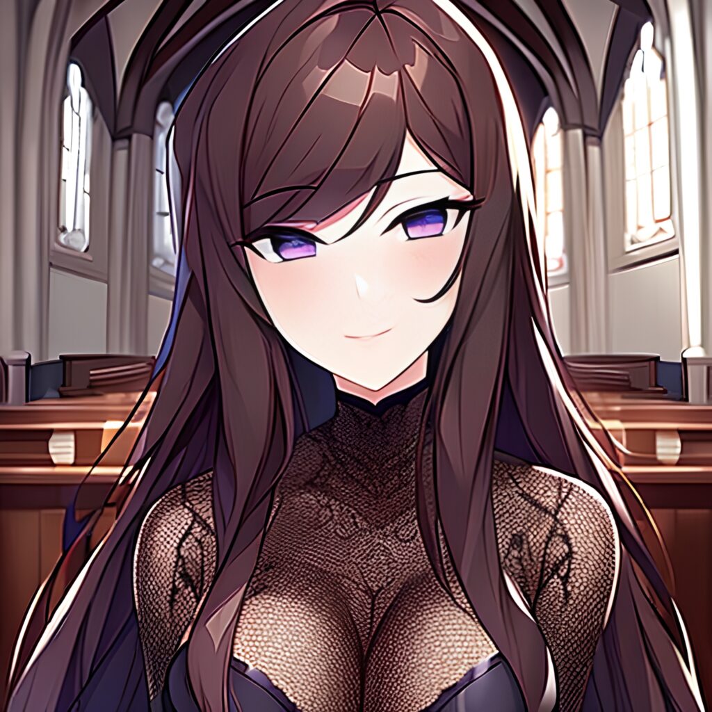 fishnet messy hair brunette long hair church woman 