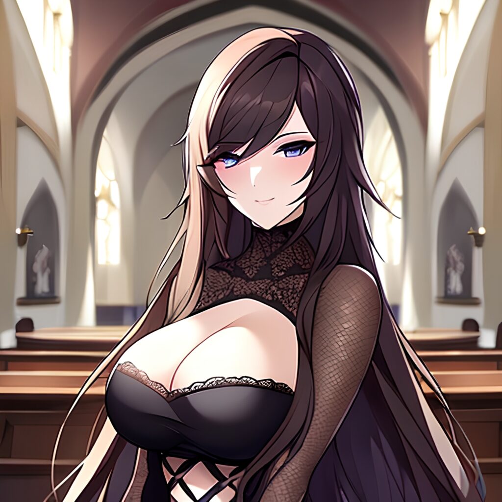fishnet messy hair brunette long hair church woman 