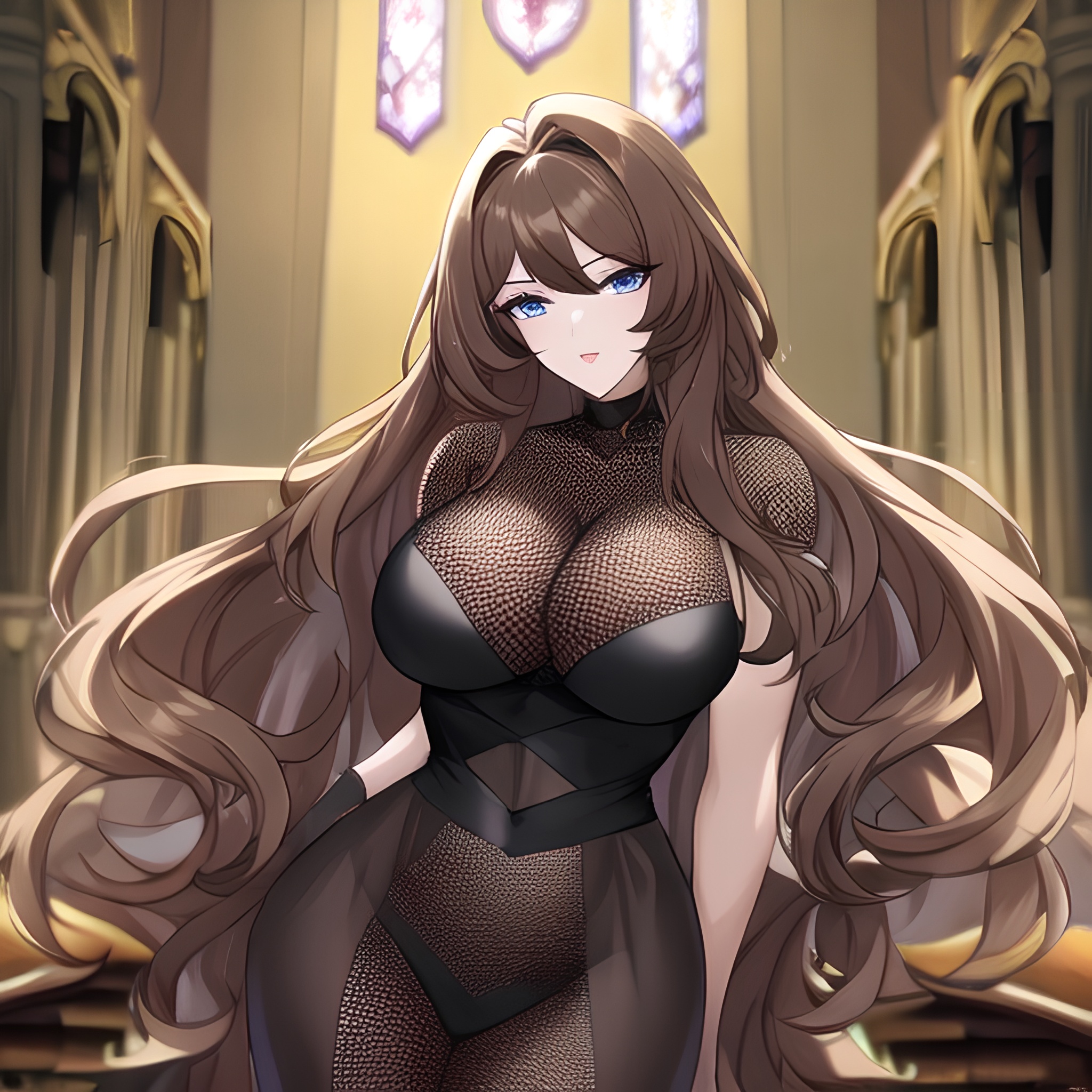 fishnet messy hair brunette long hair woman church 