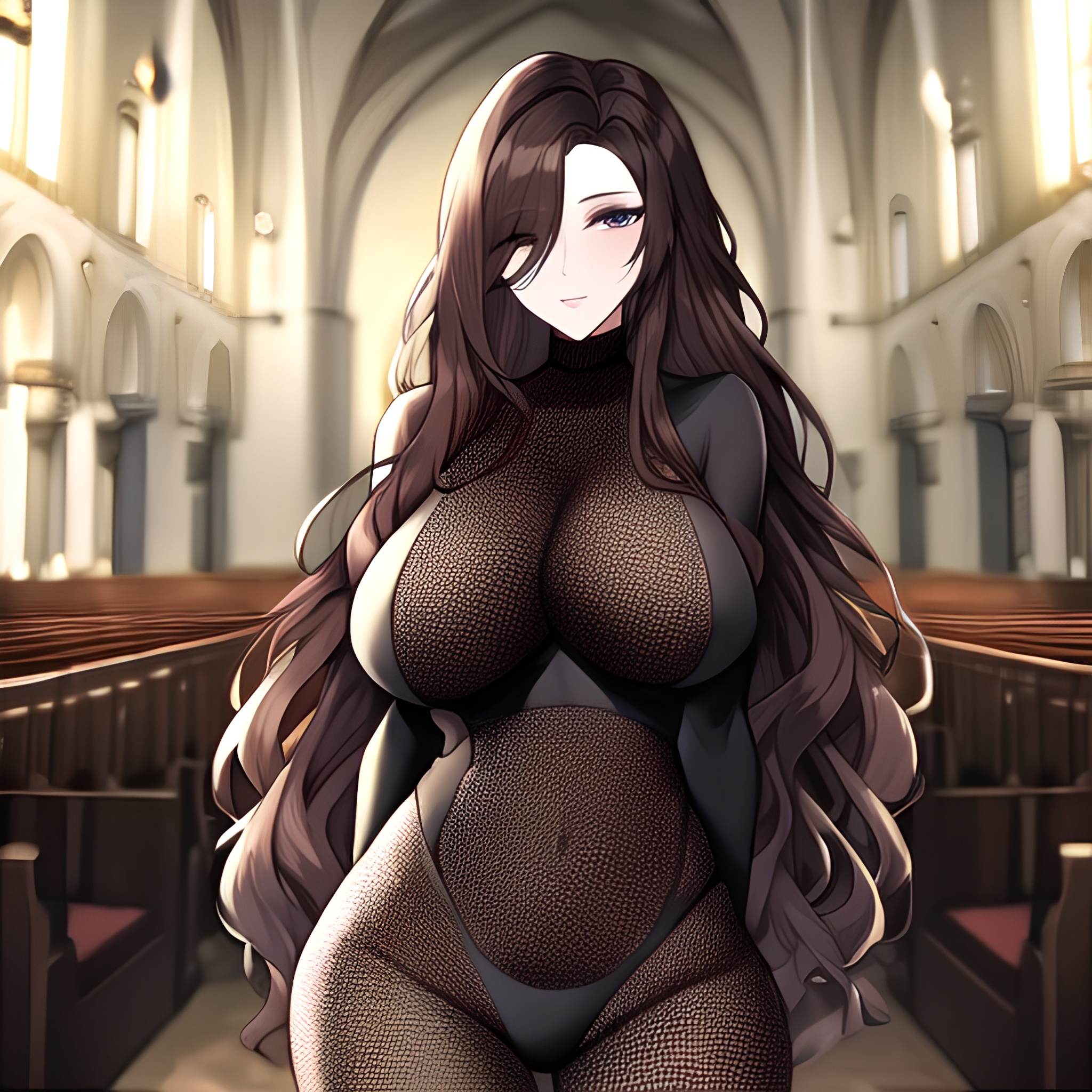 fishnet messy hair brunette long hair woman church