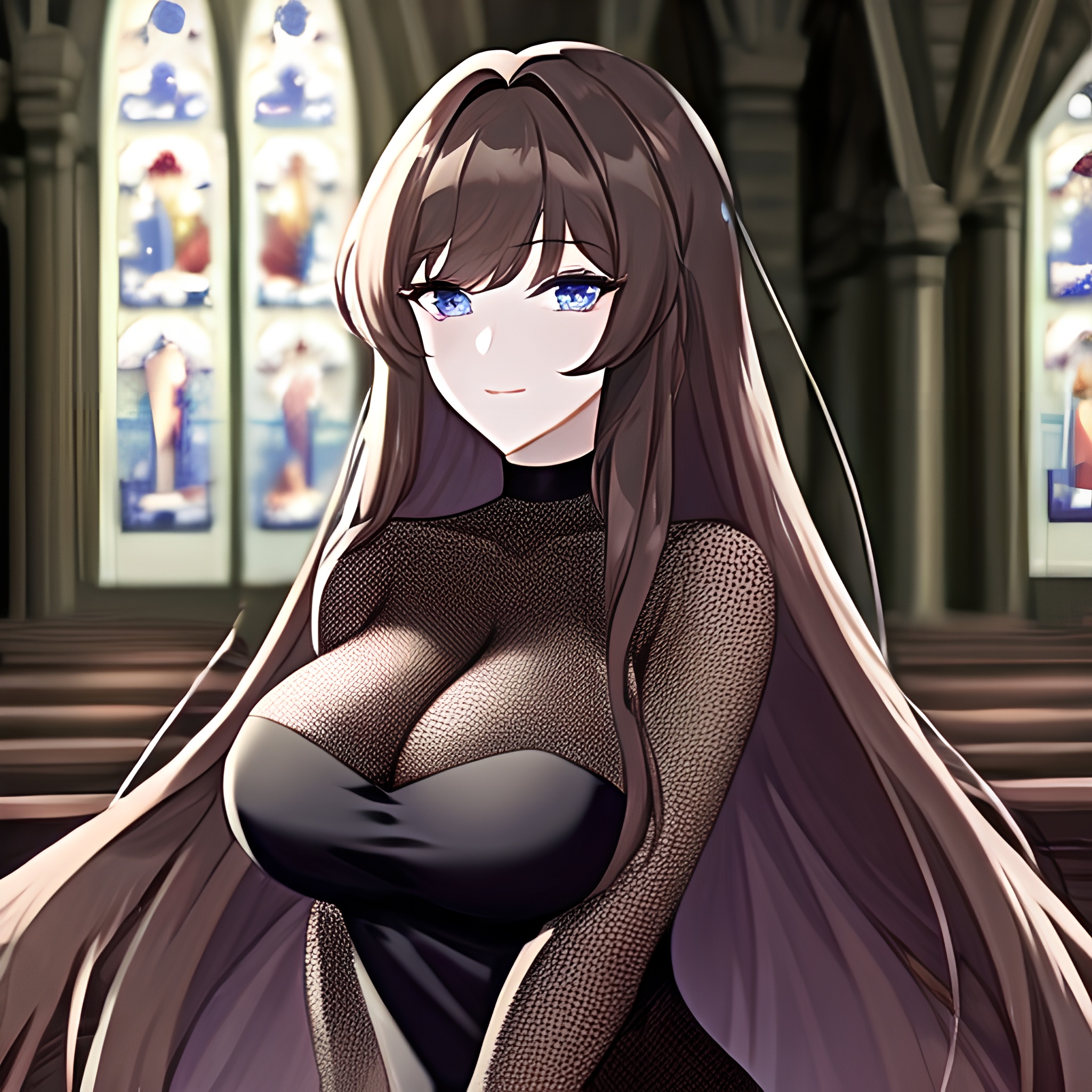 fishnet messy hair brunette long hair woman church