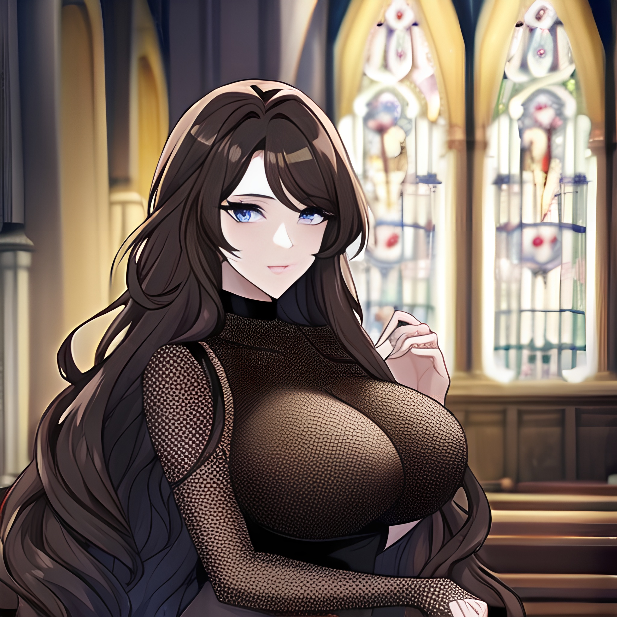 fishnet messy hair brunette woman long hair church 