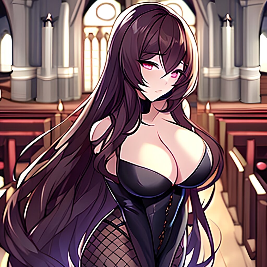 fishnet messy hair church long hair brunette woman 