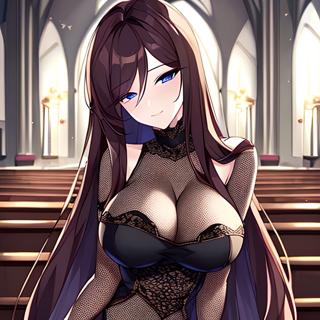 fishnet messy hair church long hair brunette woman 