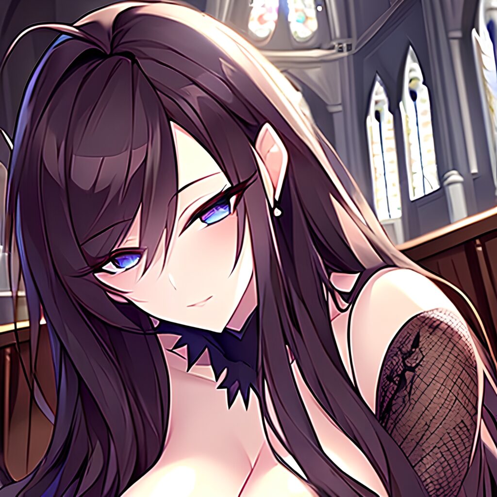 fishnet messy hair church long hair brunette woman 