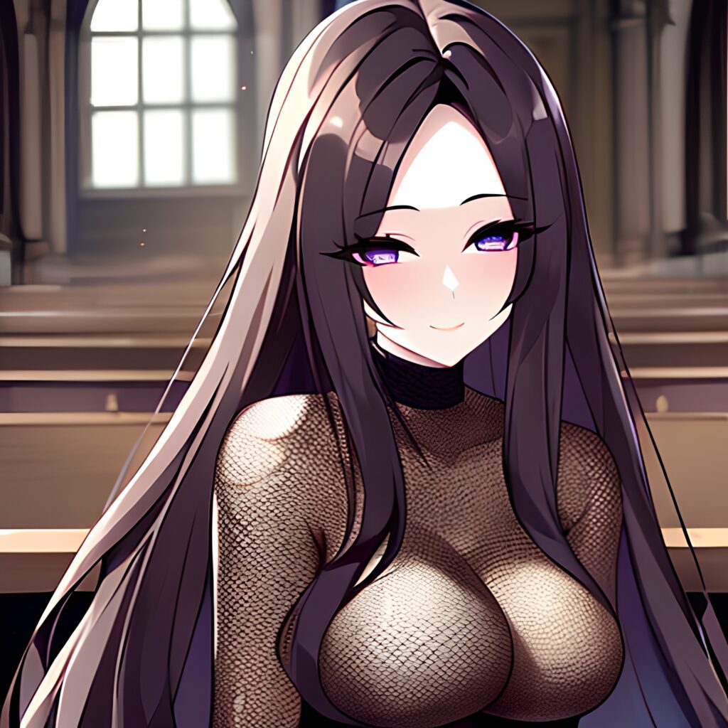 fishnet messy hair church long hair brunette woman 