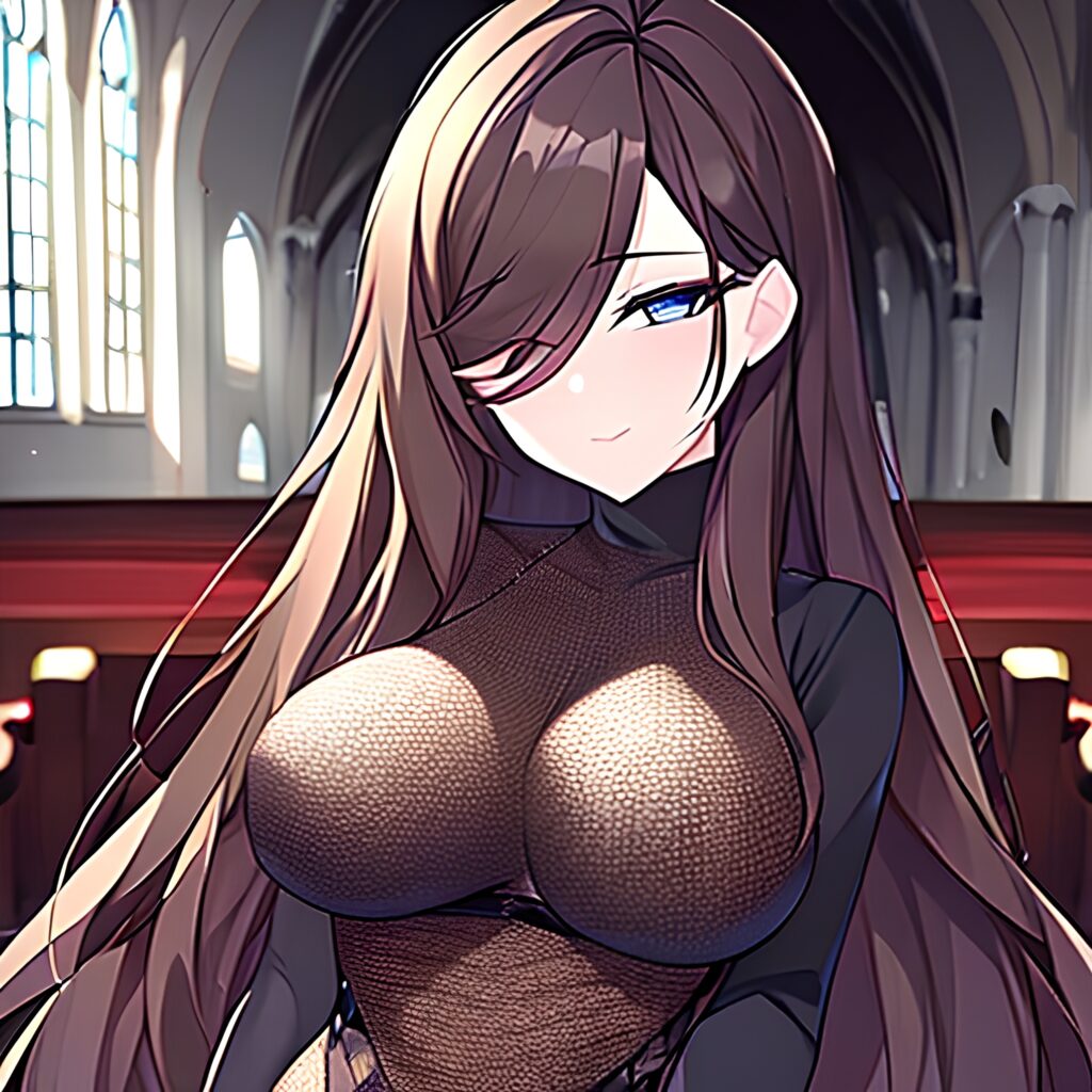 fishnet messy hair church long hair brunette woman 