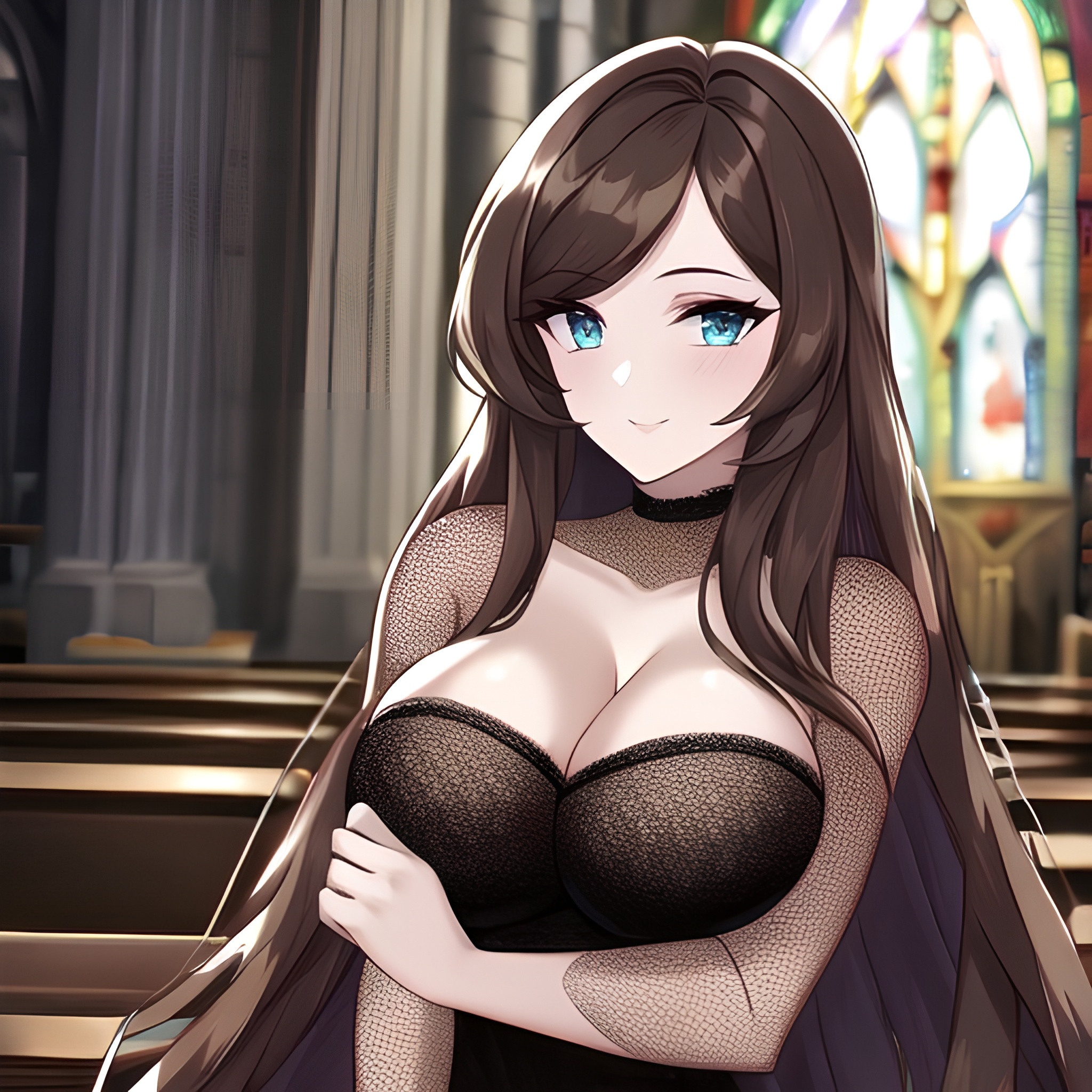 fishnet messy hair church long hair brunette woman 