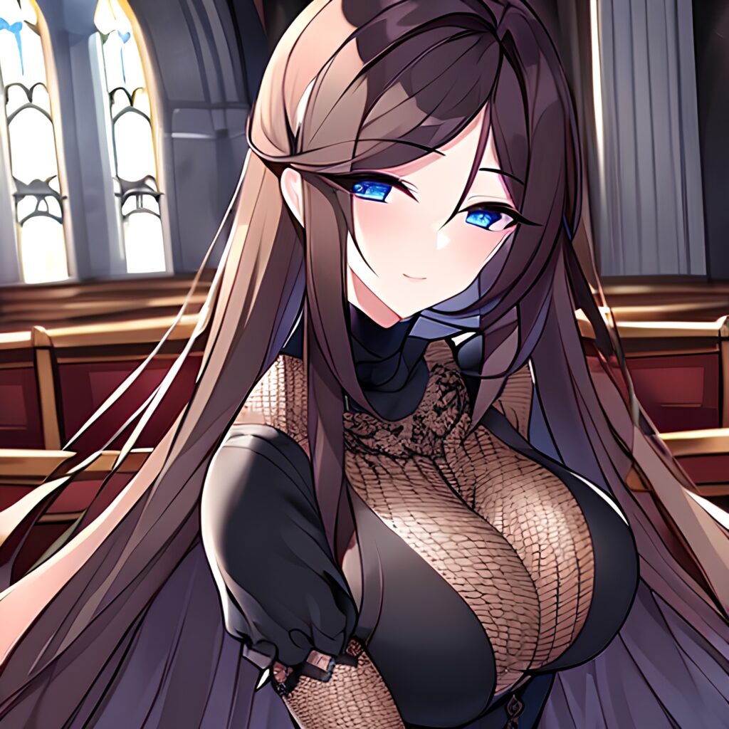 fishnet messy hair church long hair brunette woman 